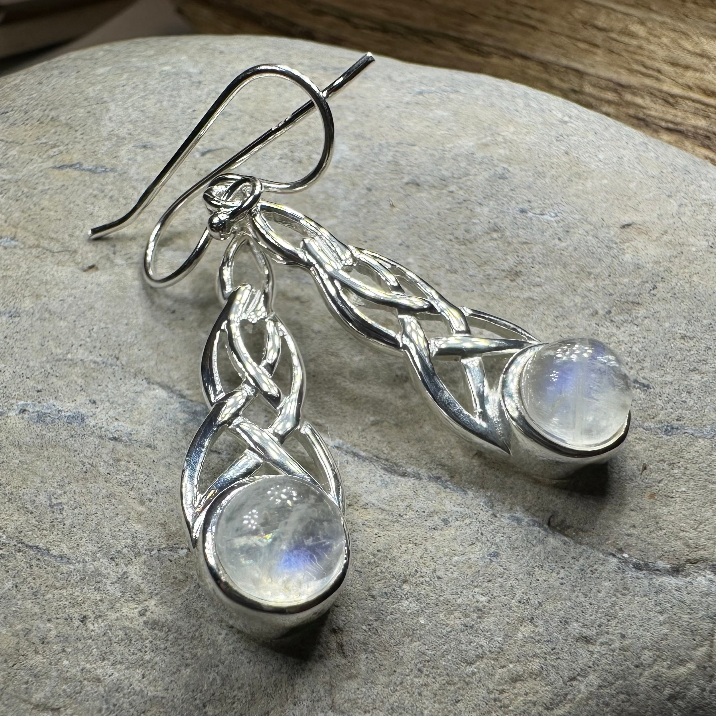 Celtic Crystal Design Jewelry Marion Celtic Moonstone Dangle Earrings with intricate Celtic patterns and luminous moonstone stones