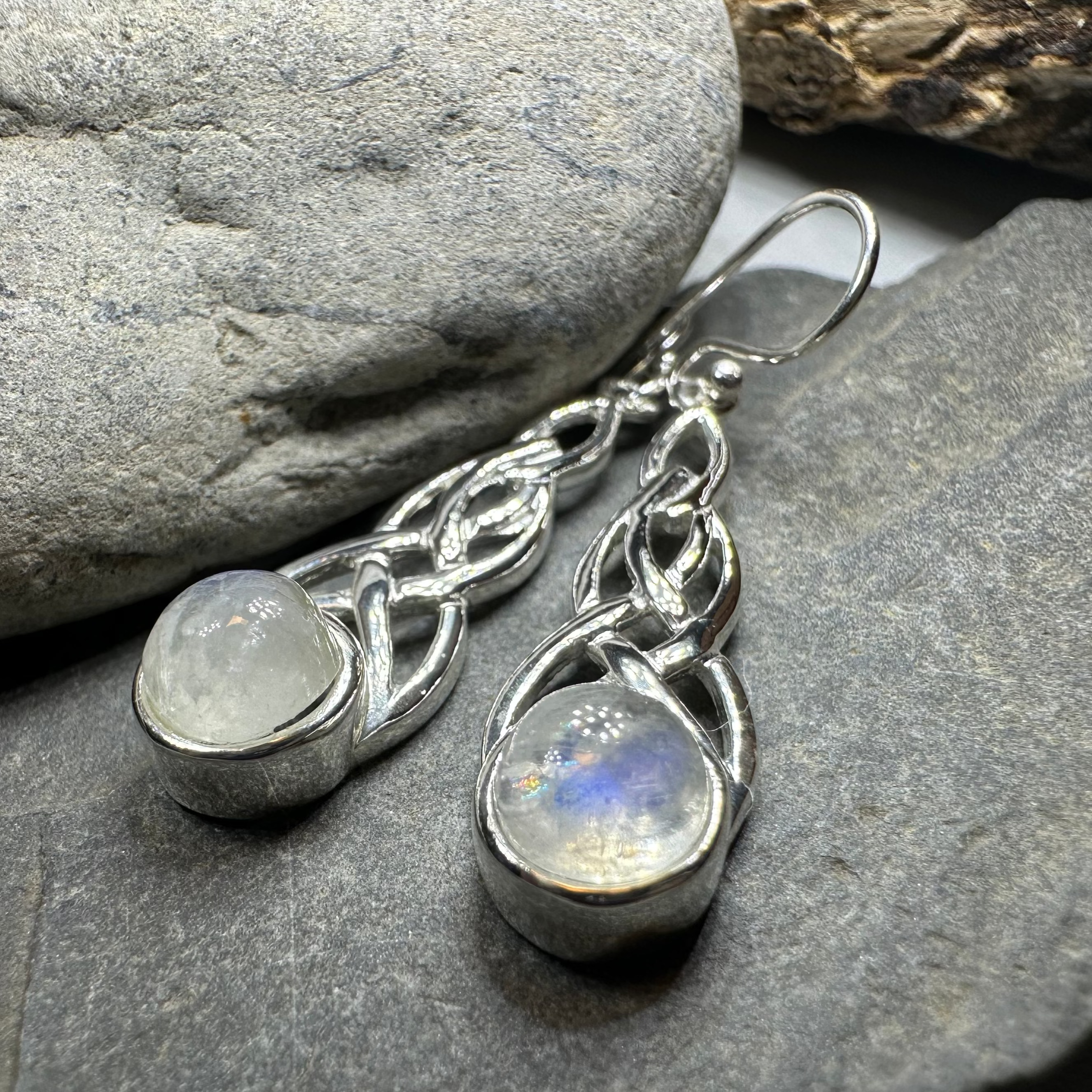 Marion Celtic Moonstone Dangle Earrings by Celtic Crystal Design Jewelry showcasing moonstone gemstones and intricate Celtic design.