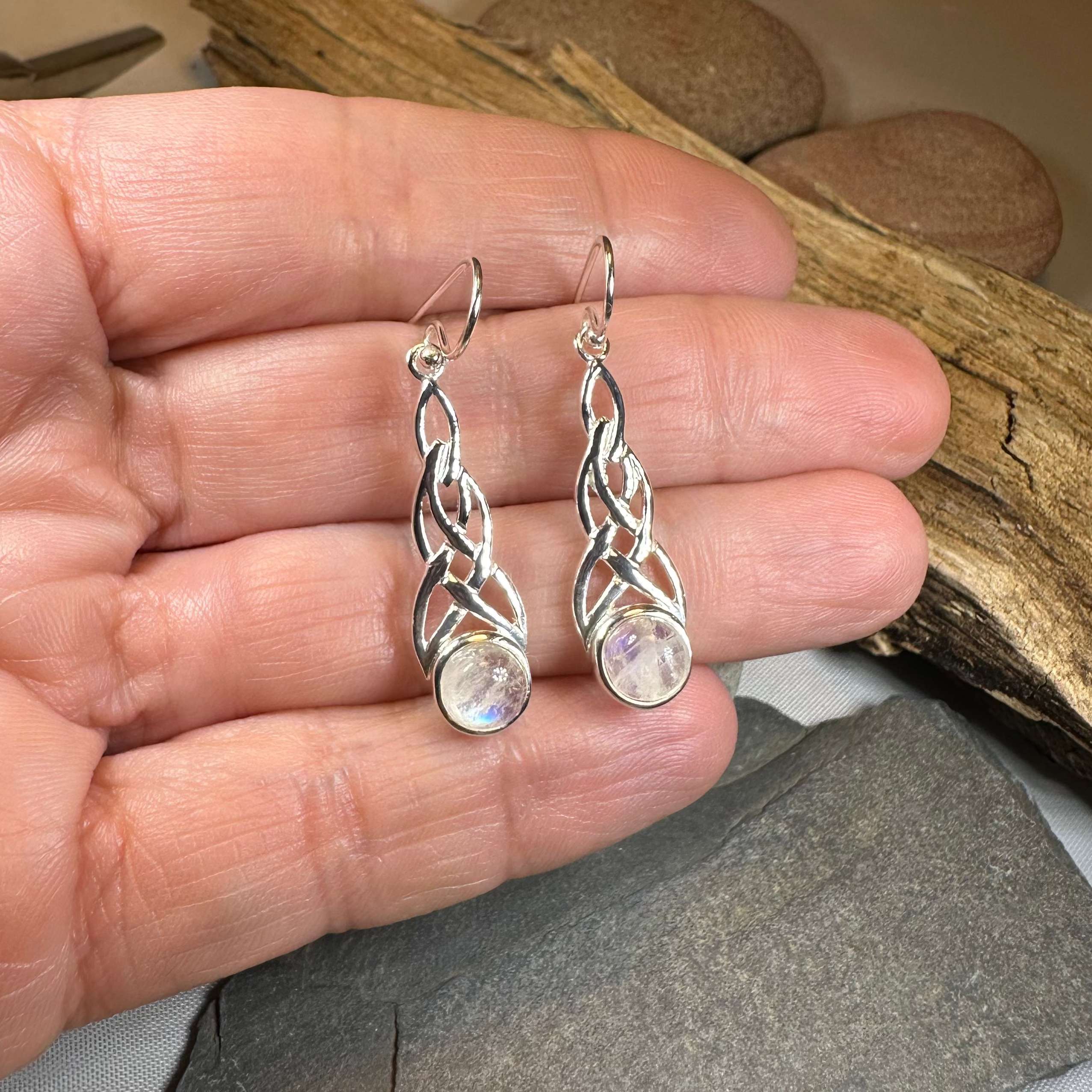 Celtic Crystal Design Jewelry Marion Celtic Moonstone Dangle Earrings featuring polished moonstone gemstones and intricate Celtic patterns
