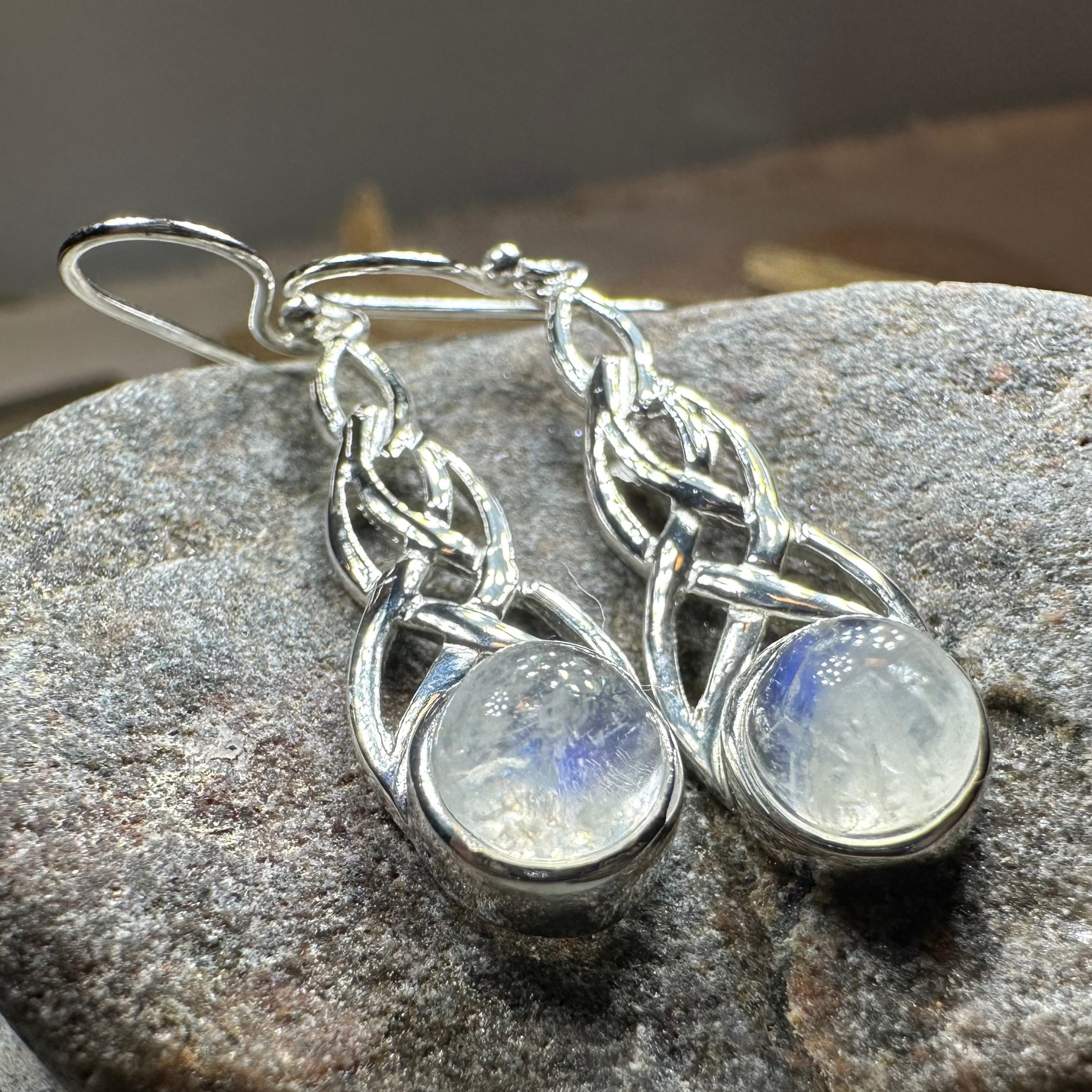 Marion Celtic Moonstone Dangle Earrings by Celtic Crystal Design Jewelry featuring moonstone gemstones and intricate Celtic design.