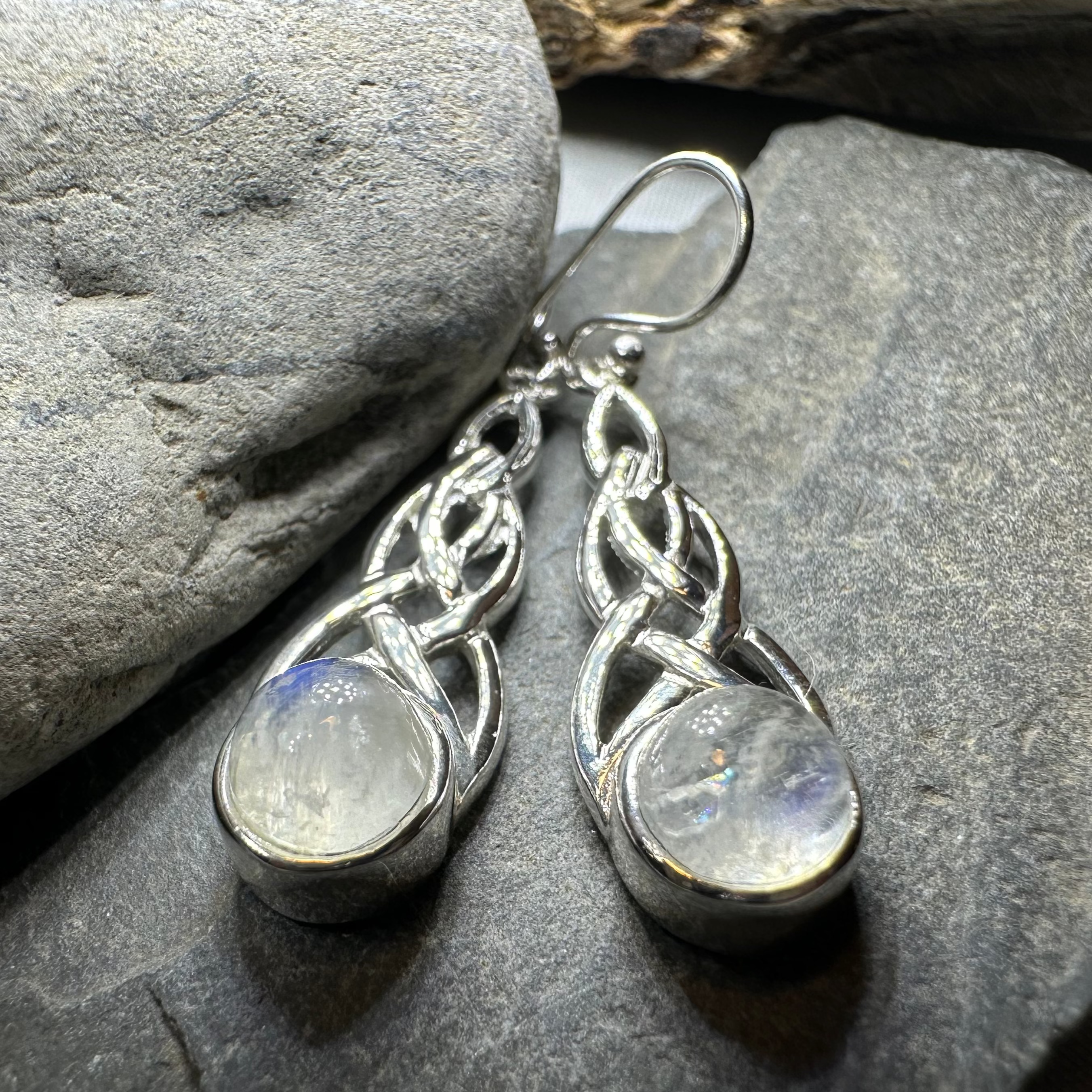 Celtic Crystal Design Jewelry Marion Celtic Moonstone Dangle Earrings featuring moonstone gemstones and intricate Celtic patterns.