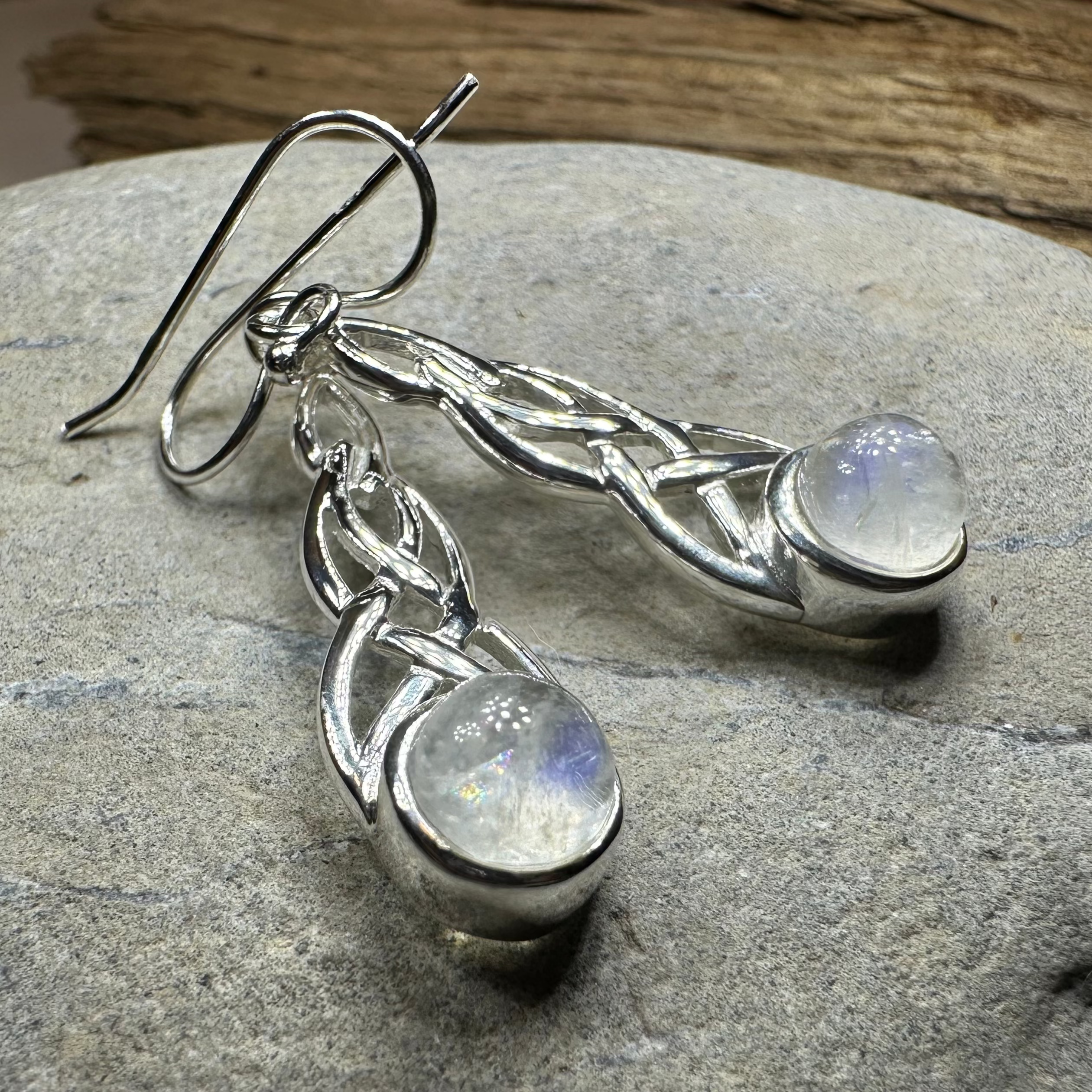 Celtic Crystal Design Jewelry Marion Celtic Moonstone Dangle Earrings with intricate Celtic knot patterns and luminous moonstone gemstones