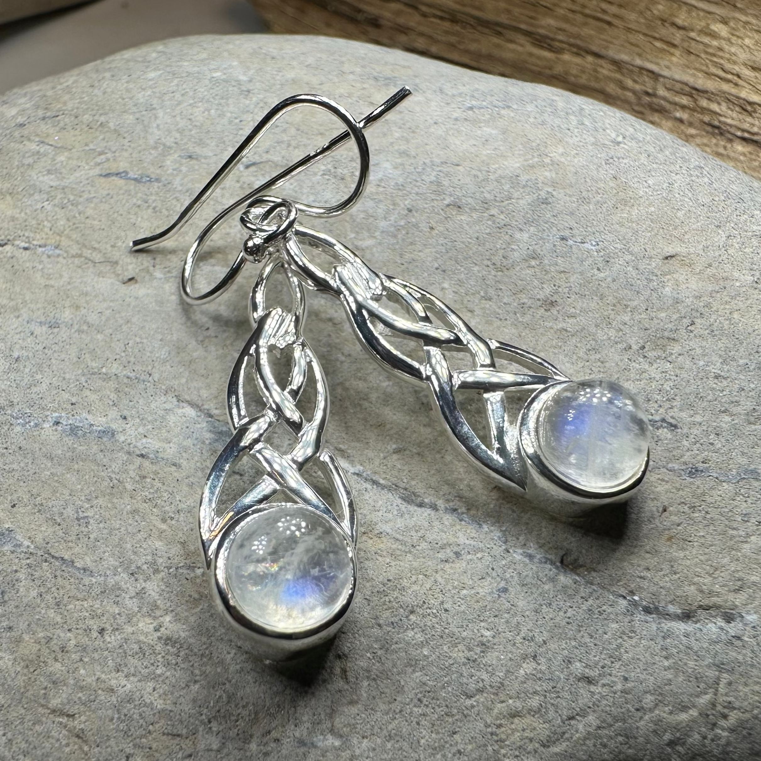 Marion Celtic Moonstone Dangle Earrings by Celtic Crystal Design Jewelry featuring moonstone gemstones and Celtic-inspired design.