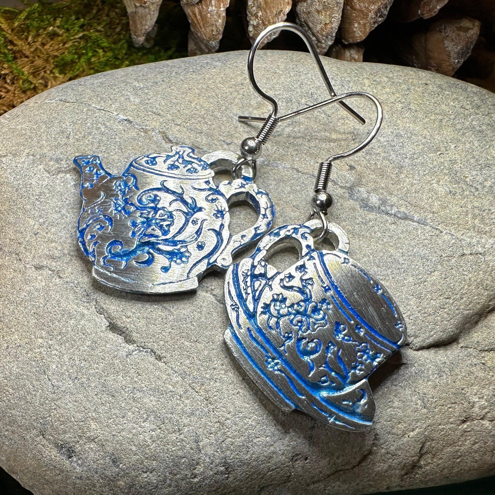 Celtic Crystal Design Jewelry dangle earrings featuring old-fashioned teapot and cup charms in intricate metalwork.