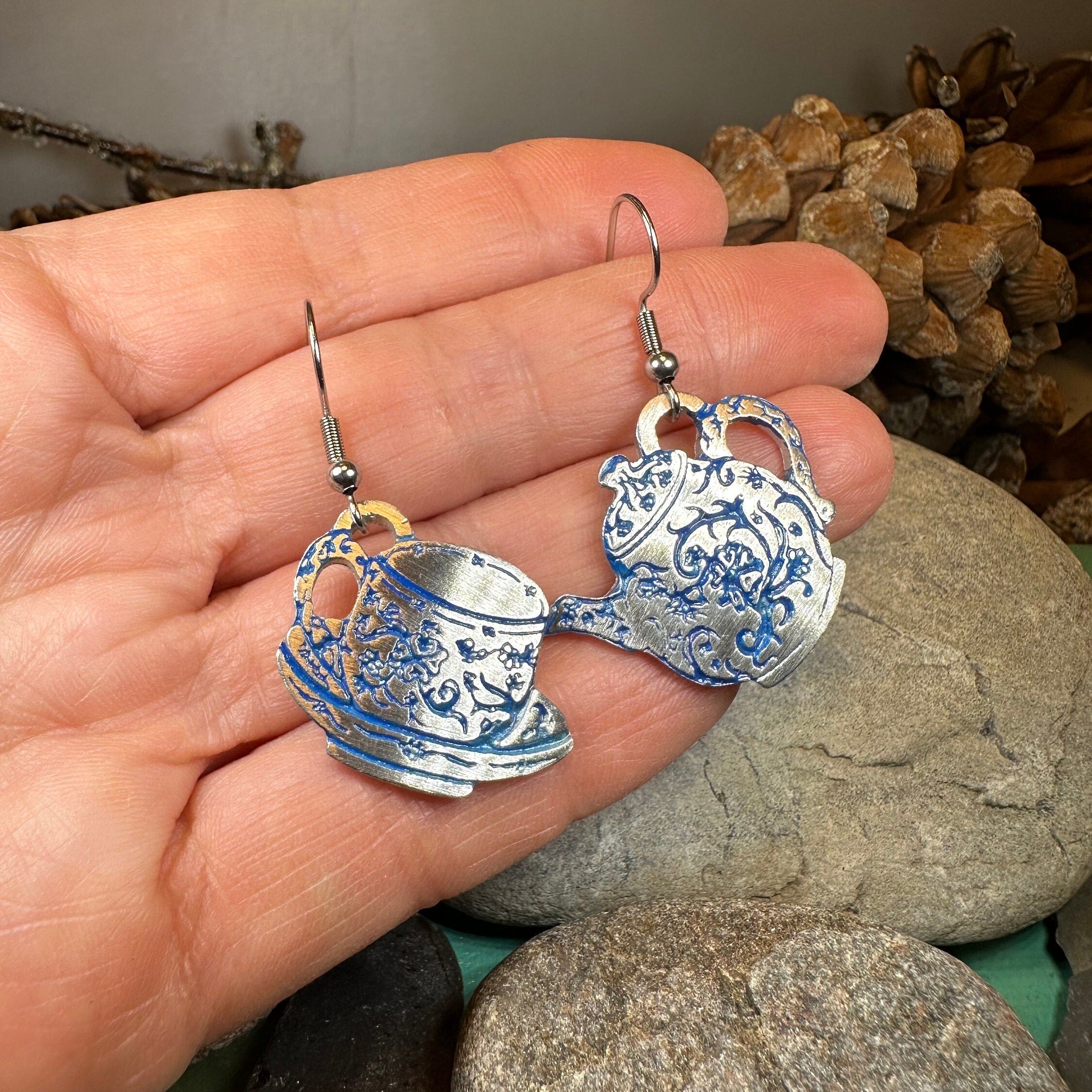 Celtic Crystal Design Jewelry dangle earrings featuring old-fashioned teapot and cup charms, crafted with intricate Celtic details.