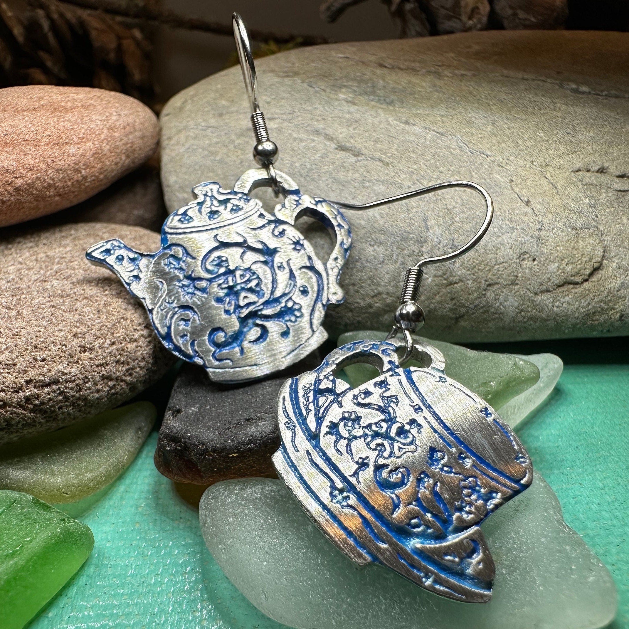 Celtic Crystal Design Jewelry dangle earrings featuring old-fashioned teapot and cup charms in silver with intricate Celtic detailing.