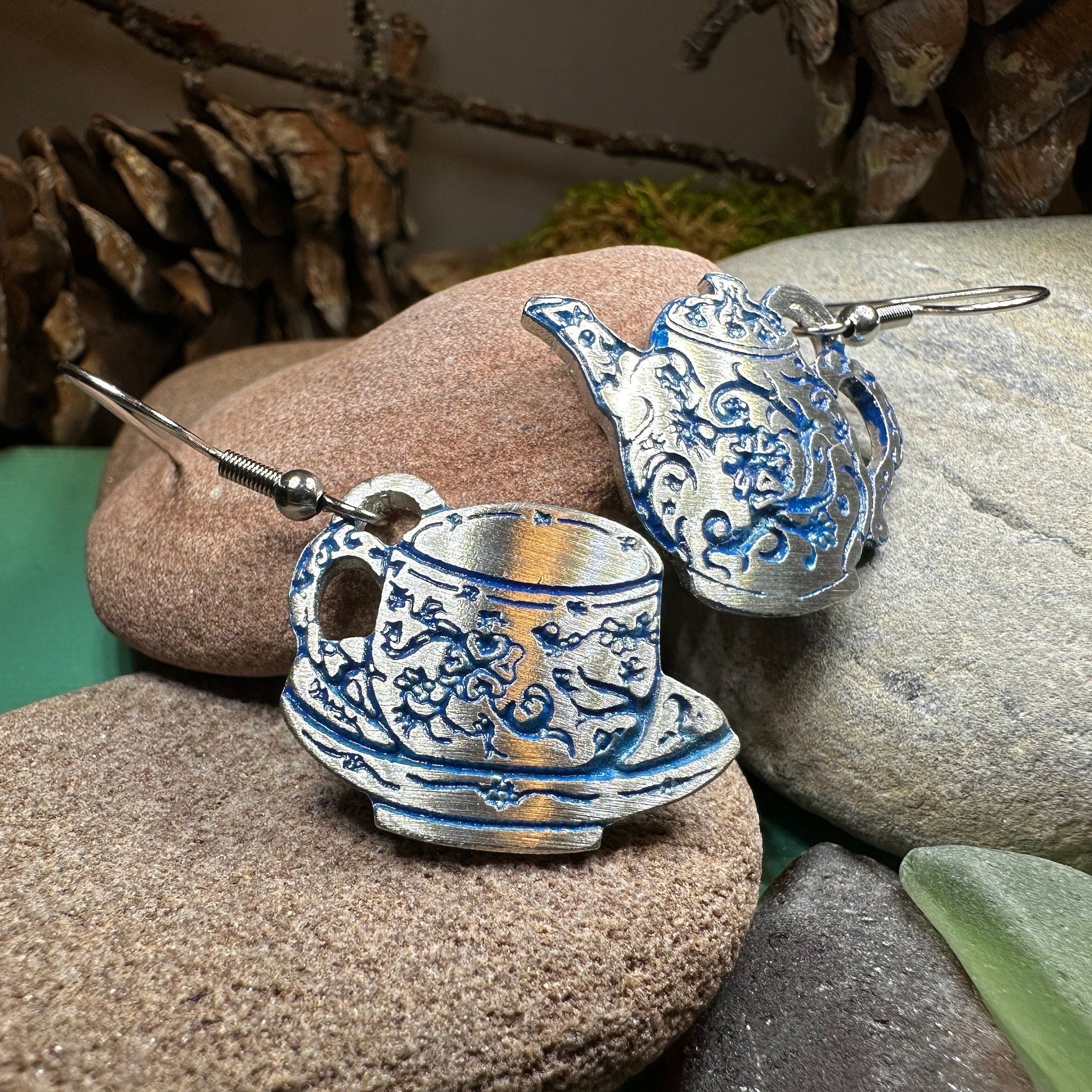Celtic Crystal Design Jewelry dangle earrings featuring old-fashioned teapot and cup charms in silver-tone metal.
