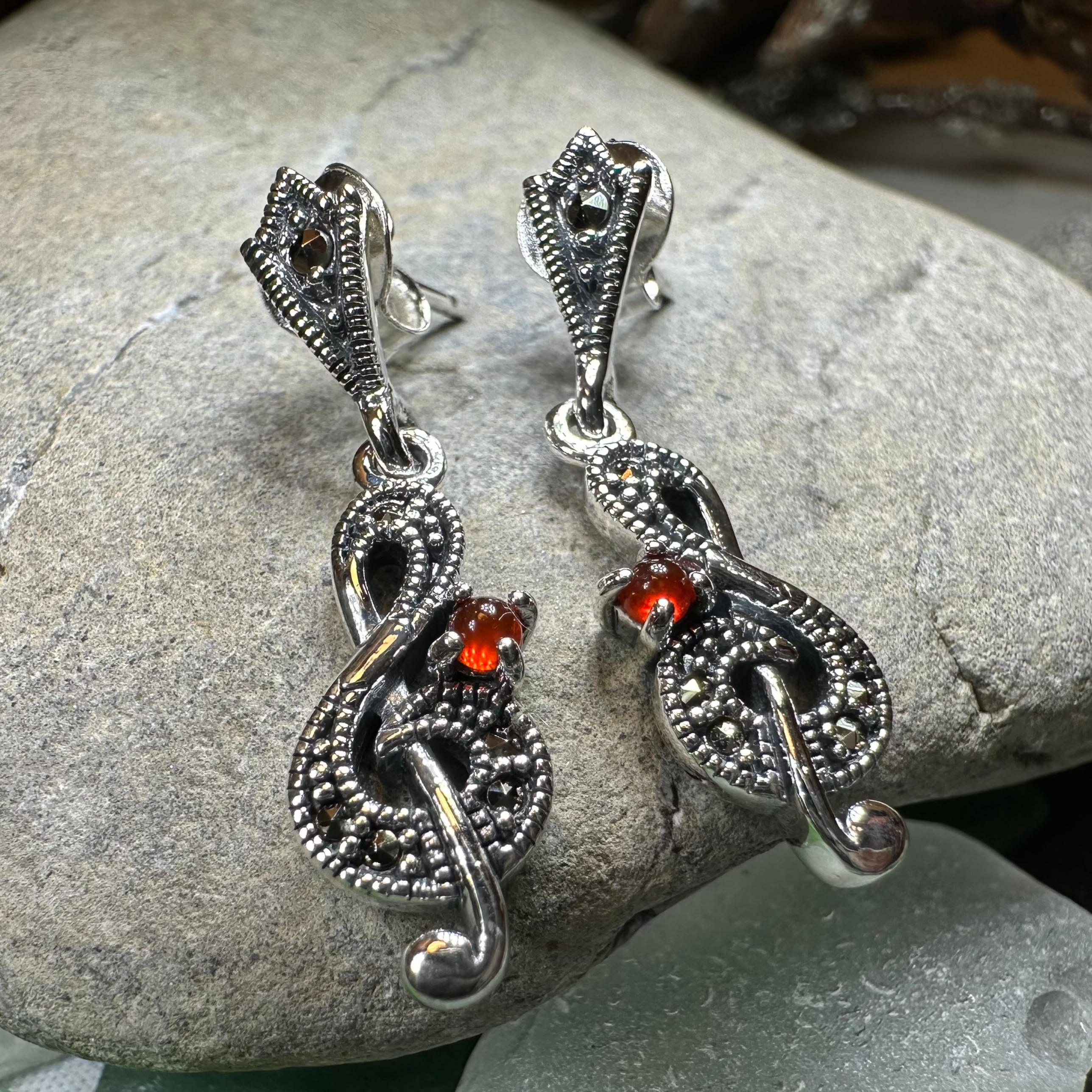 Celtic Crystal Design Jewelry Rhapsody Music Note Dangle Earrings with intricate metalwork and musical note charms.