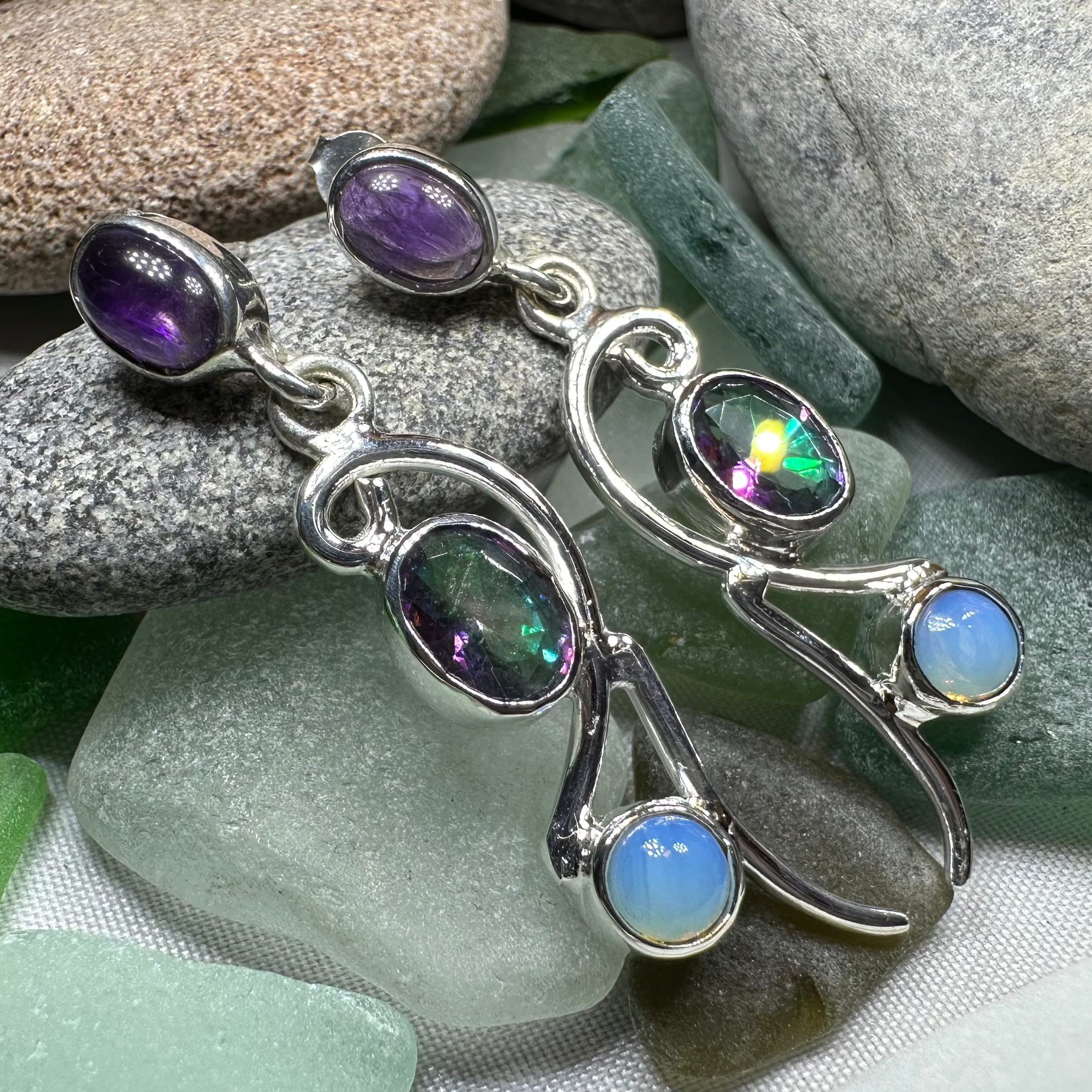 Celtic Crystal Design Jewelry dangle earrings featuring Mystic Topaz stones and fairy waterfall design.