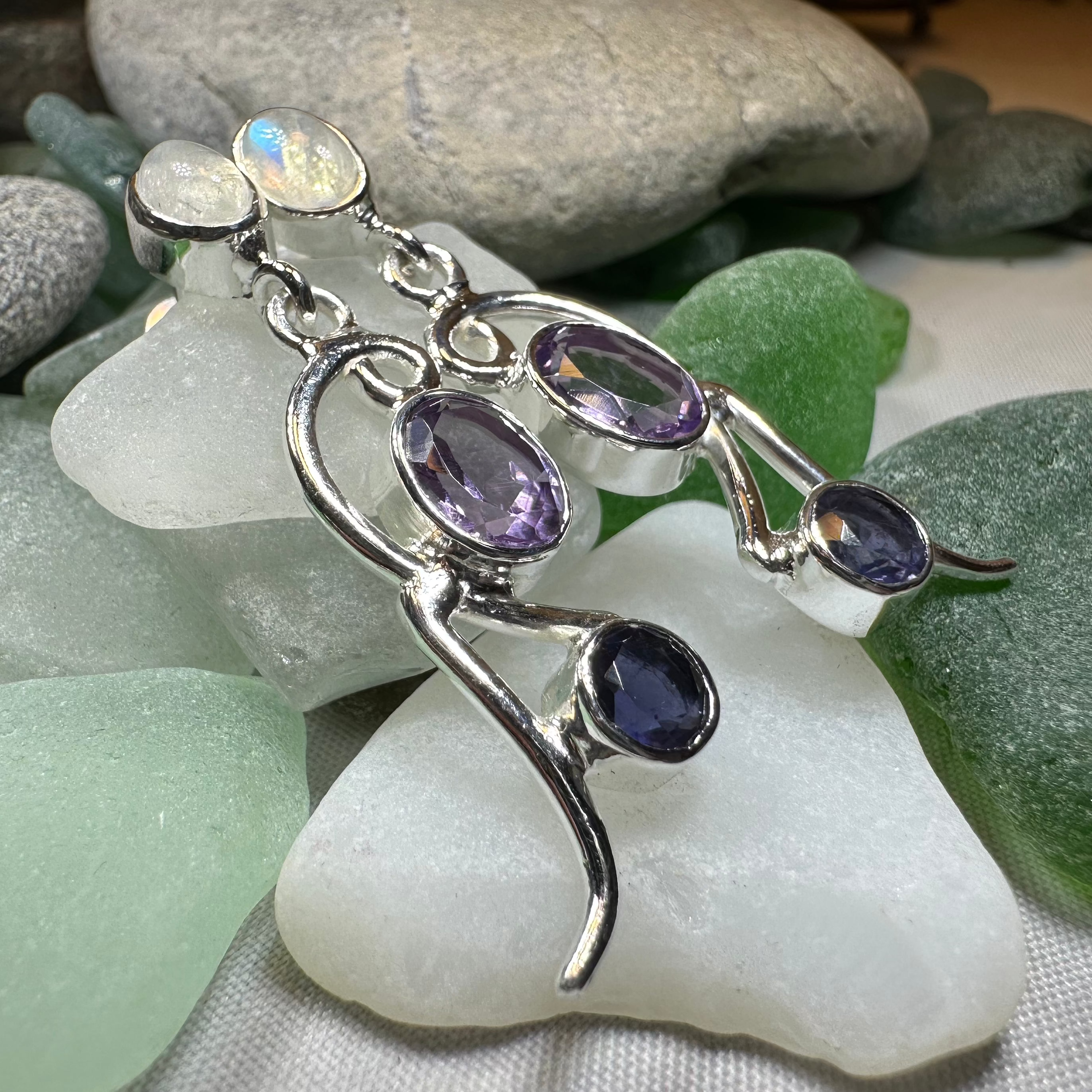 Dangle earrings featuring Mystic Topaz stones with fairy waterfall design by Celtic Crystal Design Jewelry