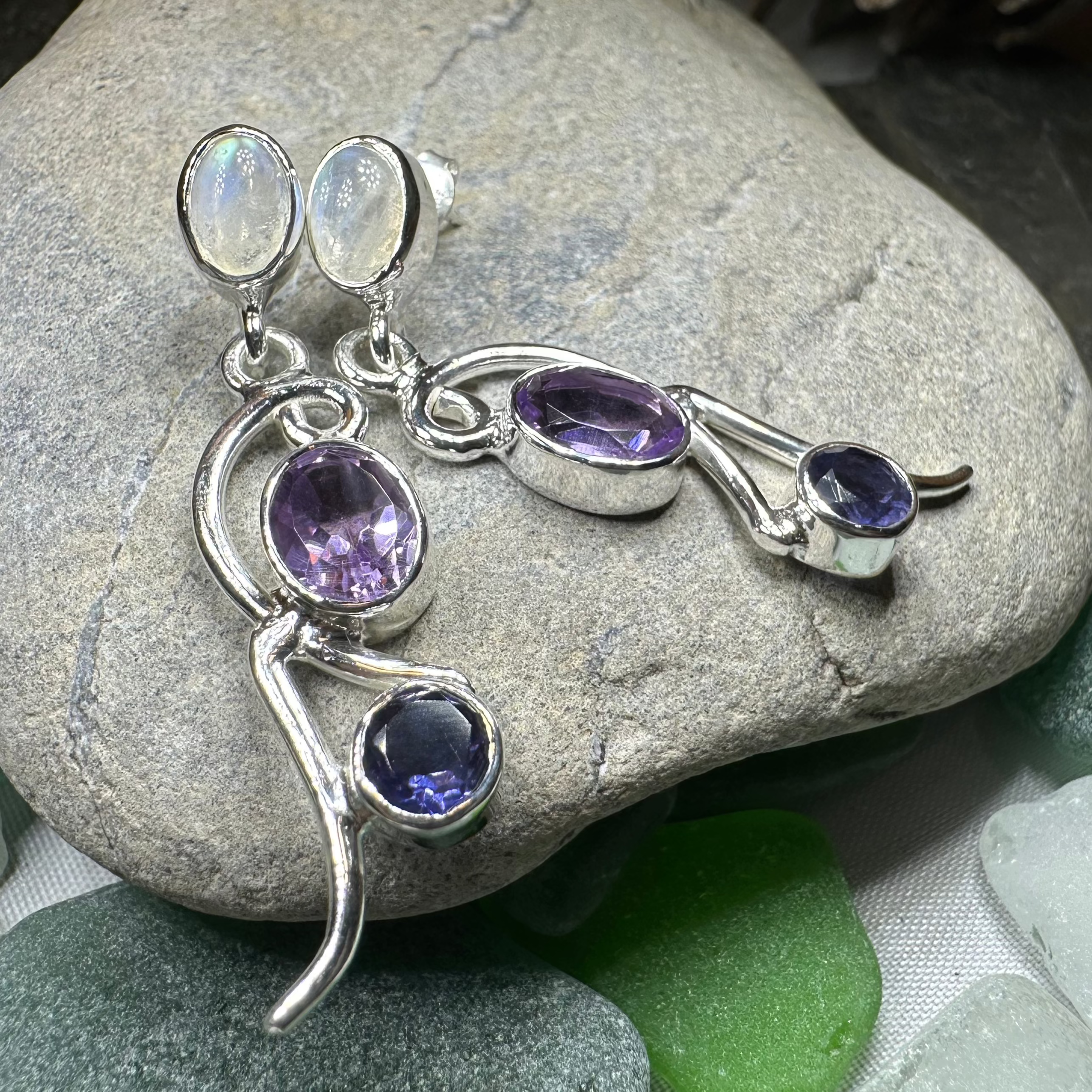 Celtic Crystal Design Jewelry dangle earrings with Mystic Topaz stones resembling a fairy waterfall, intricate silver details.