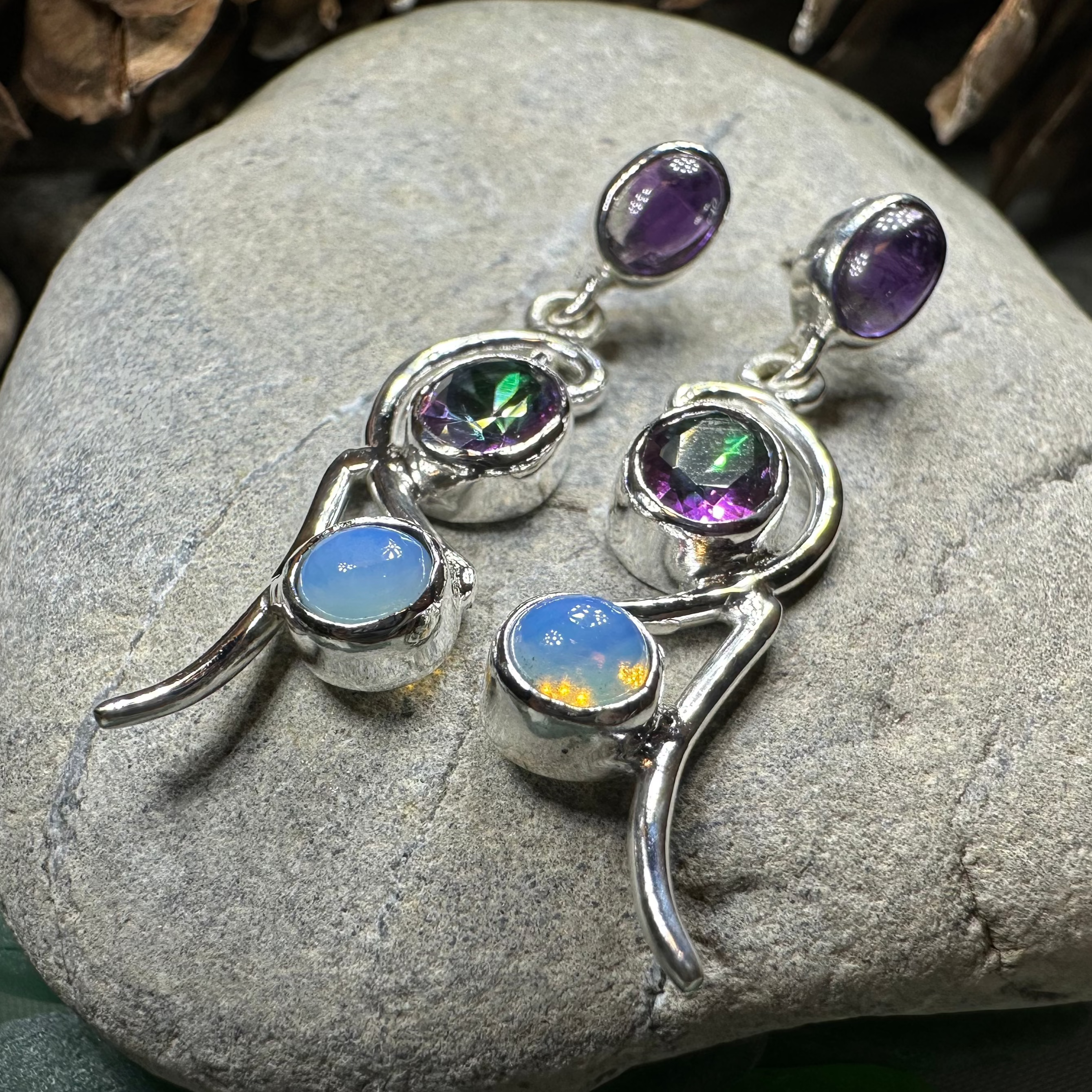 Celtic Crystal Design Jewelry Fairy Waterfall Mystic Topaz Dangle Earrings with shimmering blue-green Topaz gemstones