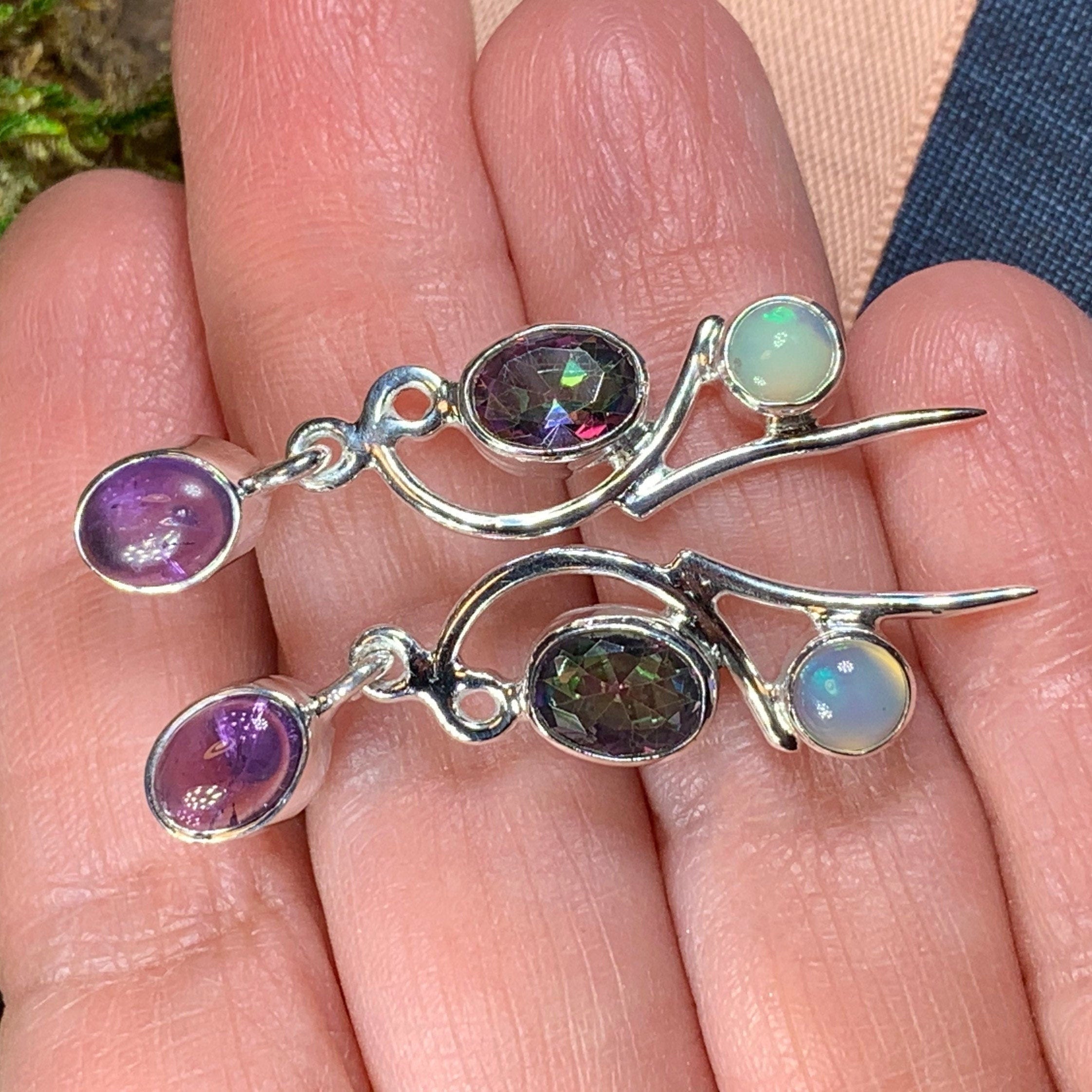 Dangle earrings with Mystic Topaz gemstones featuring a fairy waterfall design by Celtic Crystal Design Jewelry.