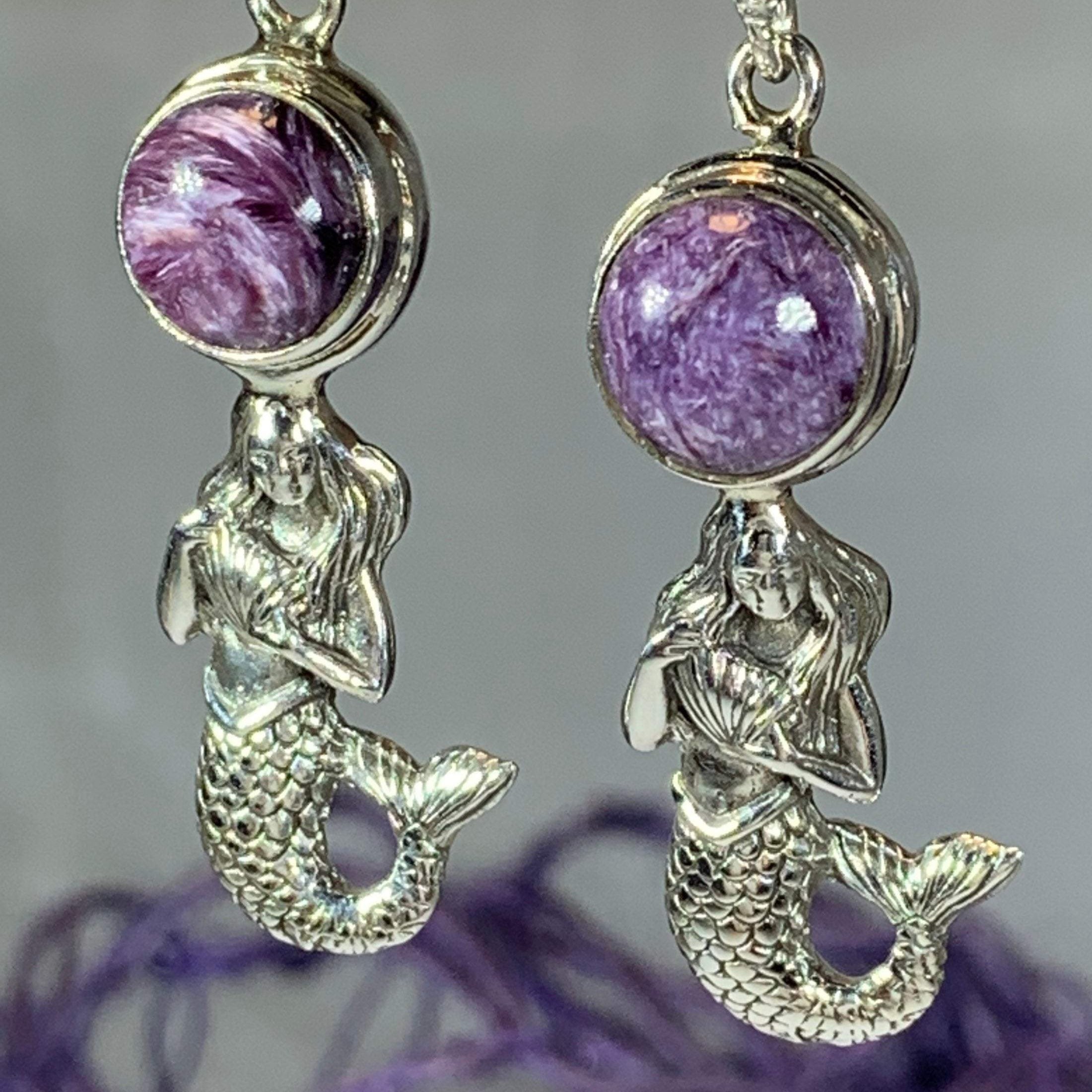 Purple Charoite Ariel Mermaid Dangle Earrings by Celtic Crystal Design Jewelry featuring intricate mermaid and Celtic-inspired details
