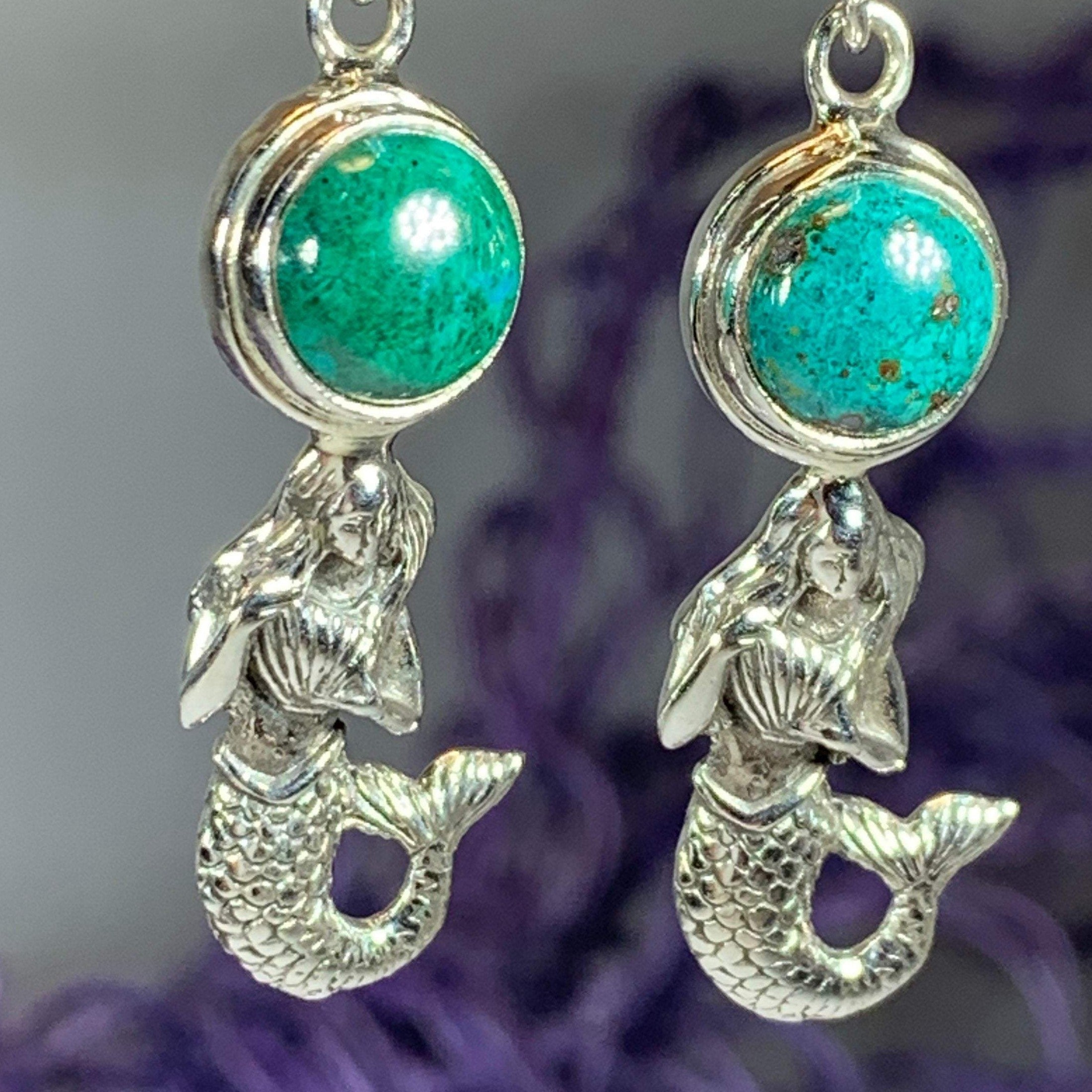 Celtic Crystal Design Jewelry purple Charoite Ariel Mermaid dangle earrings with intricate detailing and elegant design.
