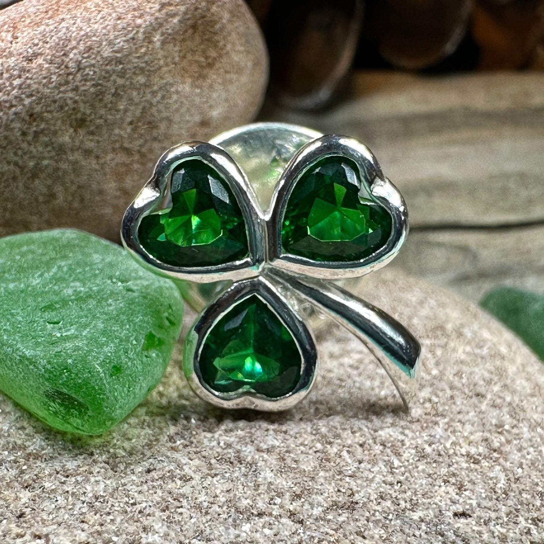 Irish Emerald Shamrock Lapel Pin by Celtic Crystal Design Jewelry featuring a green crystal shamrock for Irish-themed jewelry.
