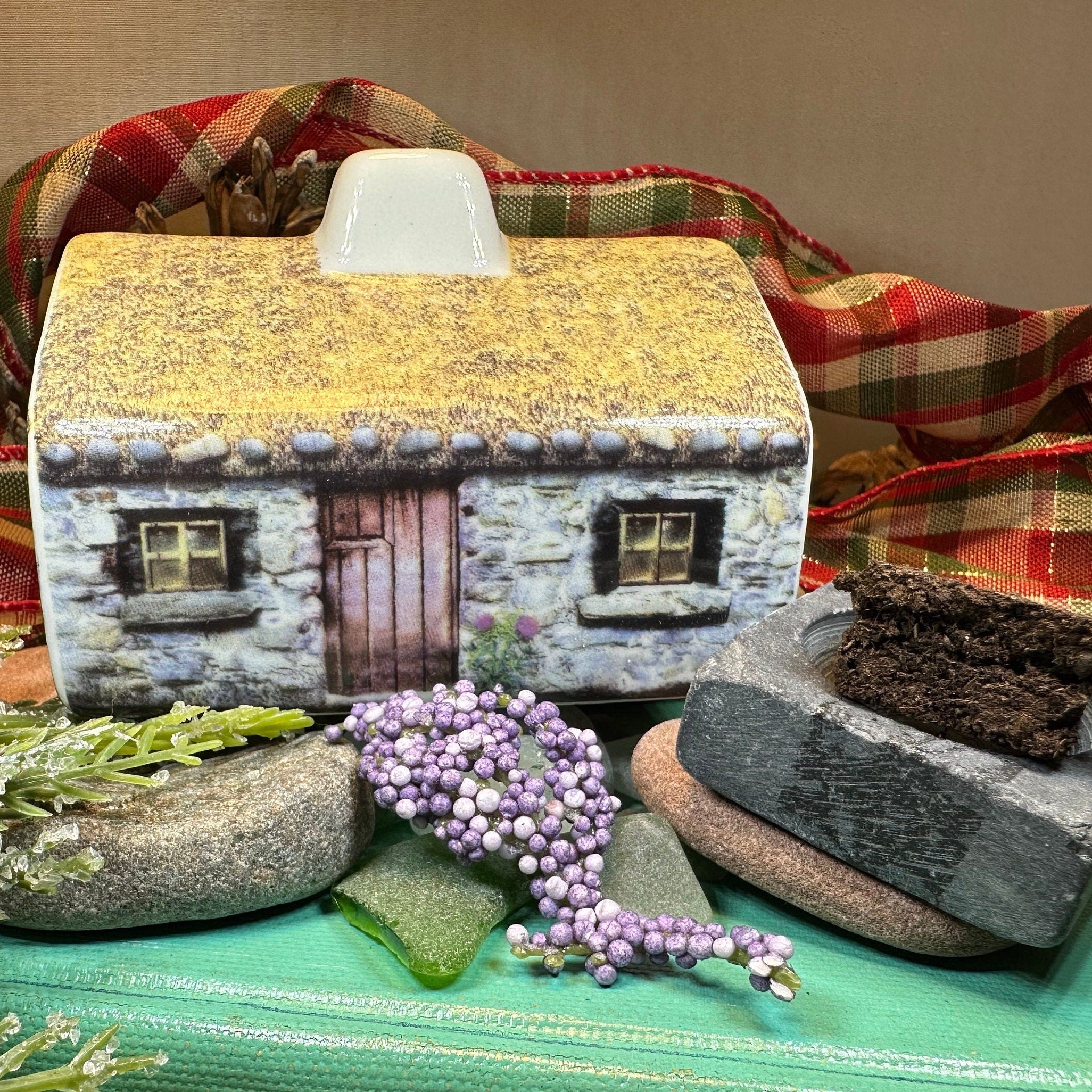 Scottish Cottage Turf Incense Burner from Celtic Crystal Design Jewelry, featuring a detailed cottage and turf design for decorative gifts.