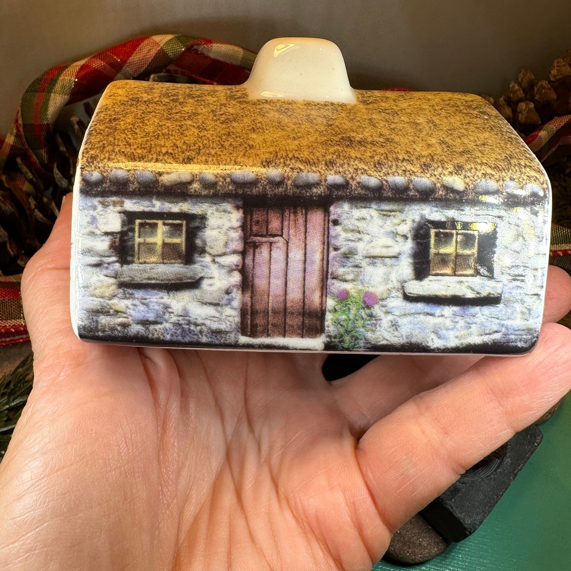 Scottish Cottage Turf Incense Burner by Celtic Crystal Design Jewelry, decorative gift with intricate Celtic pattern and cottage scene.