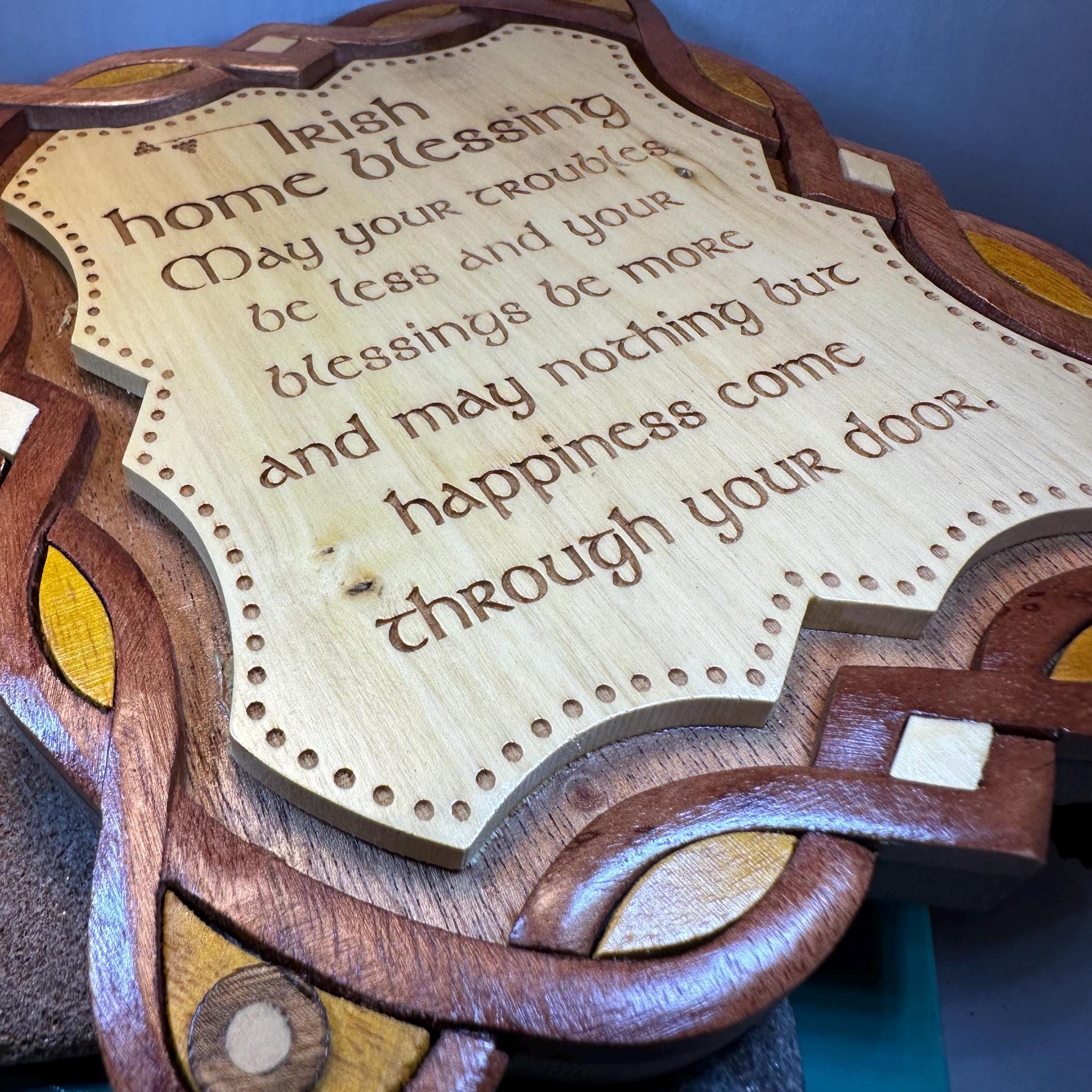 Wooden Irish Home Blessing wall plaque with Celtic design, perfect for Irish-themed gift decor from Celtic Crystal Design Jewelry.