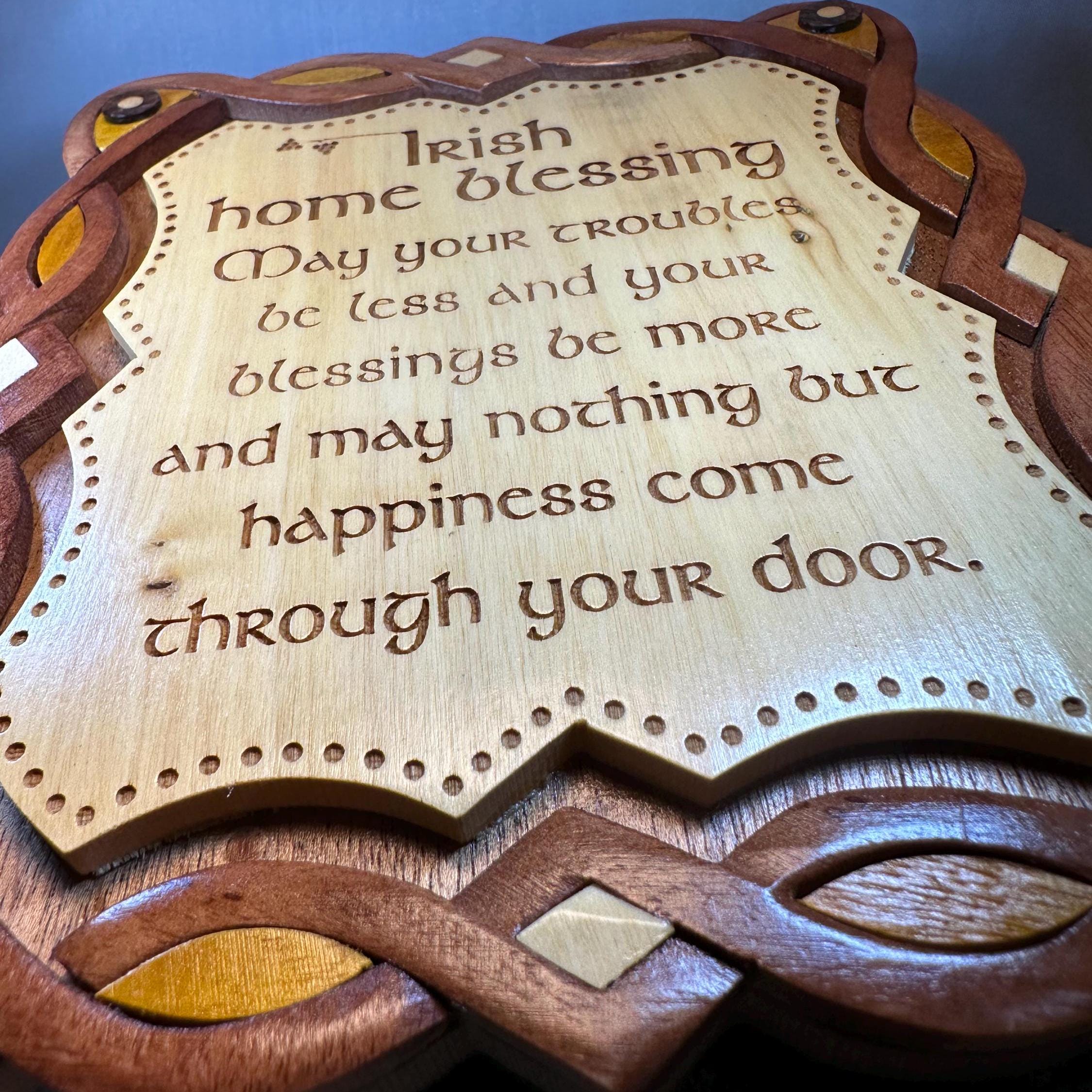 Wooden Irish Home Blessing Wall Plaque by Celtic Crystal Design Jewelry, featuring Celtic motifs and heartfelt blessing inscription.