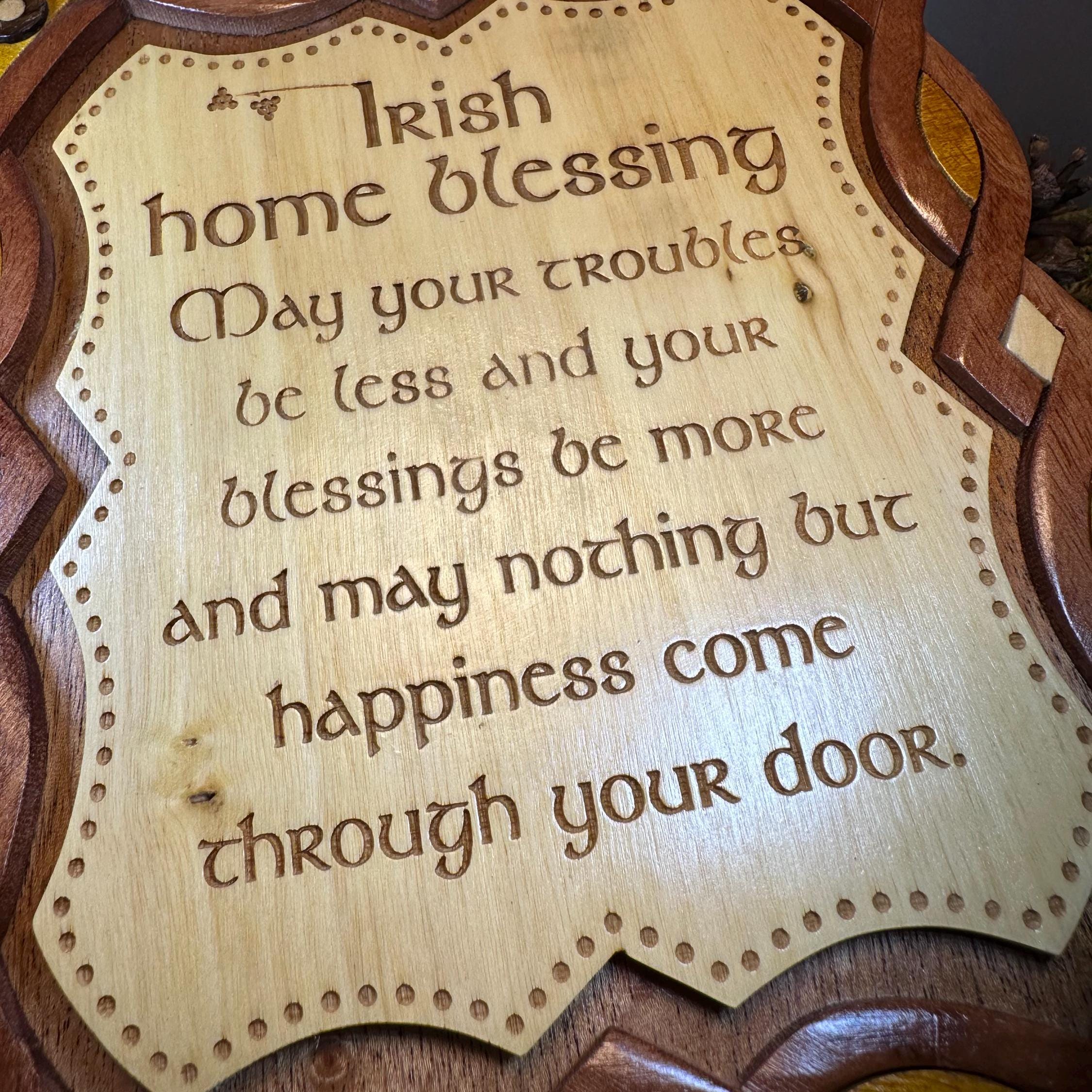 Wooden Irish home blessing wall plaque by Celtic Crystal Design Jewelry, featuring traditional Irish design and heartfelt message.