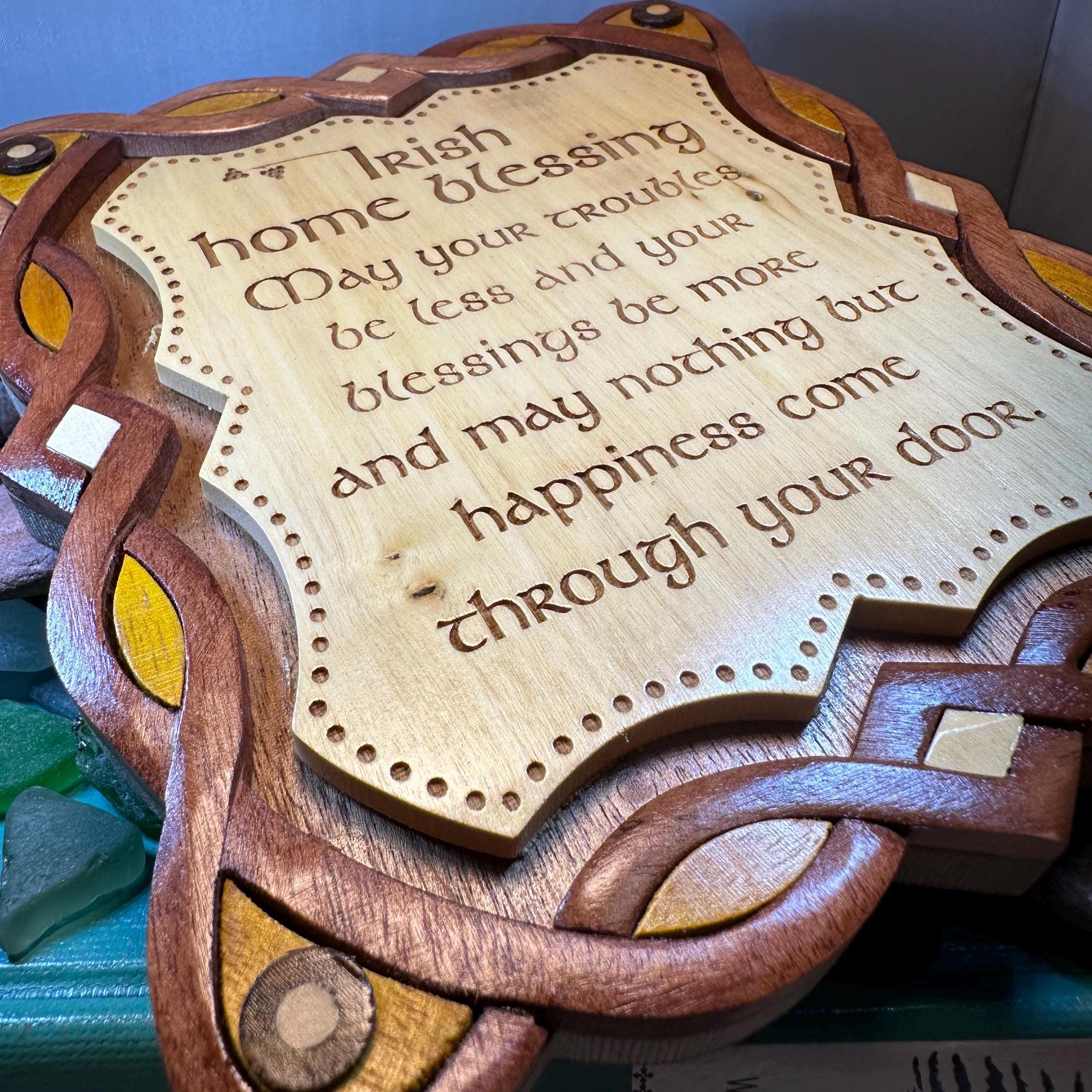 Wooden Irish home blessing wall plaque by Celtic Crystal Design Jewelry, featuring traditional Irish symbols and heartfelt message.