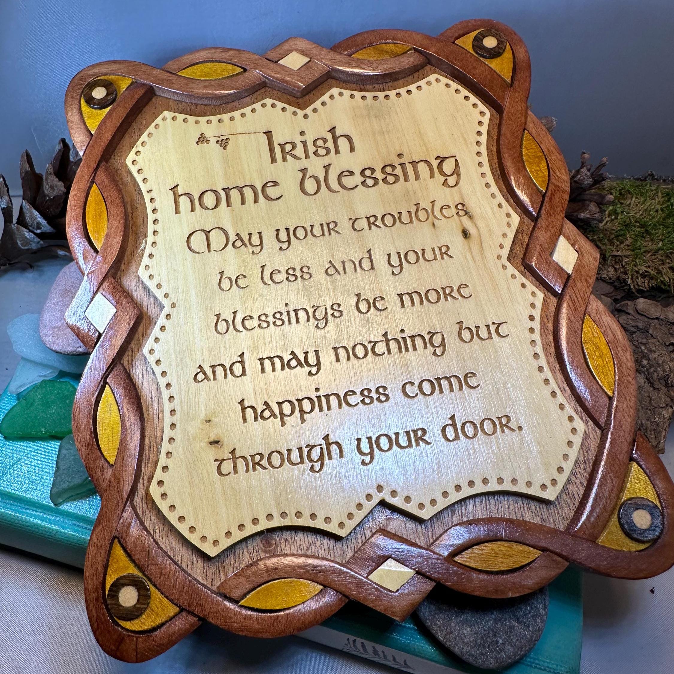 Wooden Irish home blessing wall plaque with Celtic design, decorative gift featuring traditional Irish blessings and symbols.