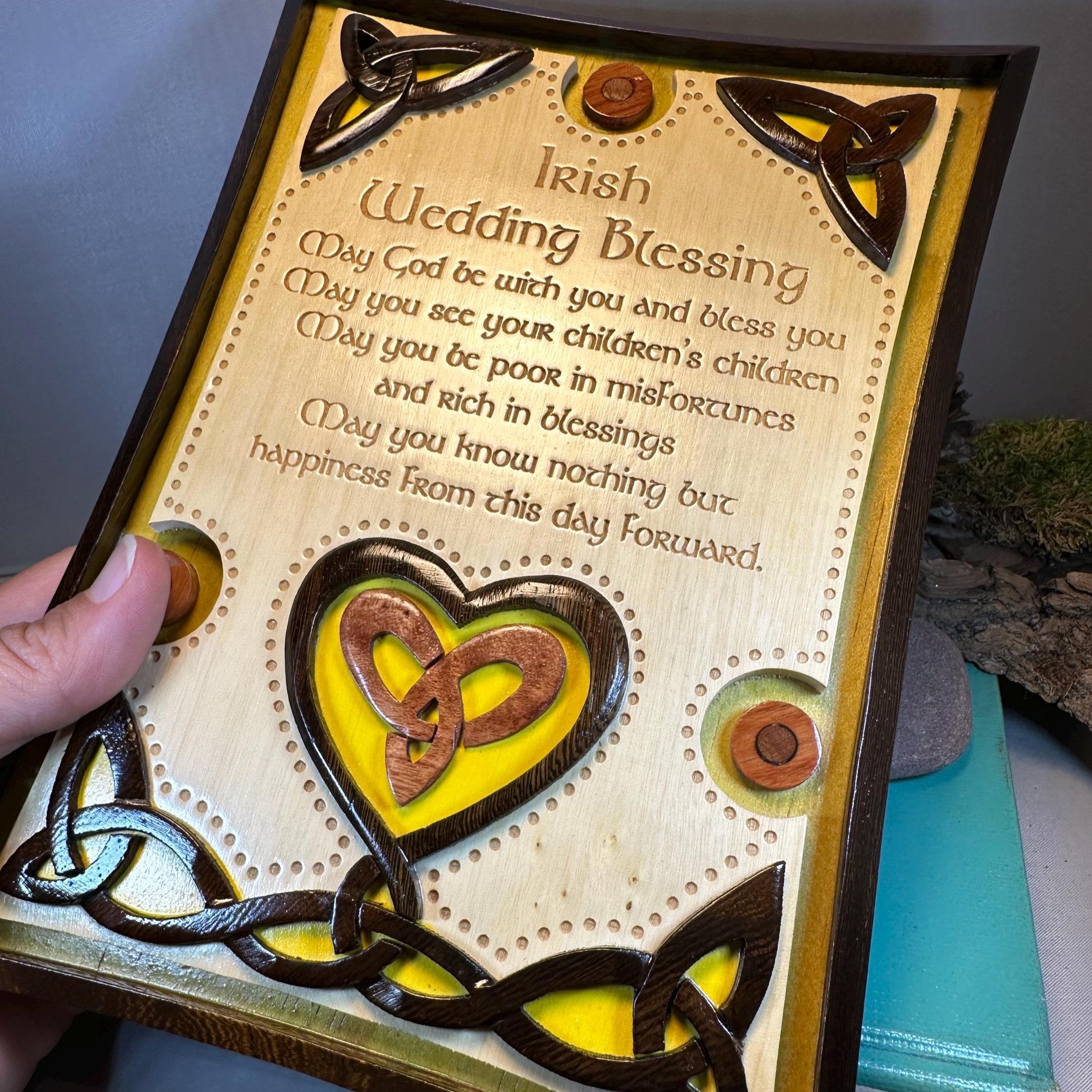 Wooden Irish Wedding Blessing Wall Plaque with Celtic design and engraved message, ideal as a heartfelt gift.