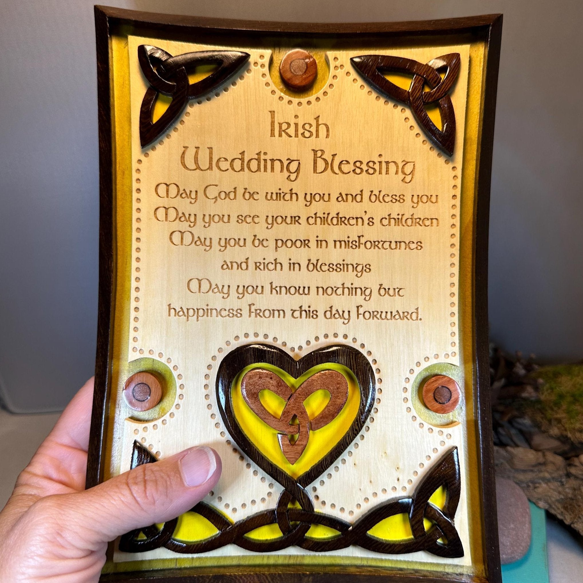 Wooden Irish Wedding Blessing wall plaque with Celtic design, perfect as a gift for weddings, from Celtic Crystal Design Jewelry.