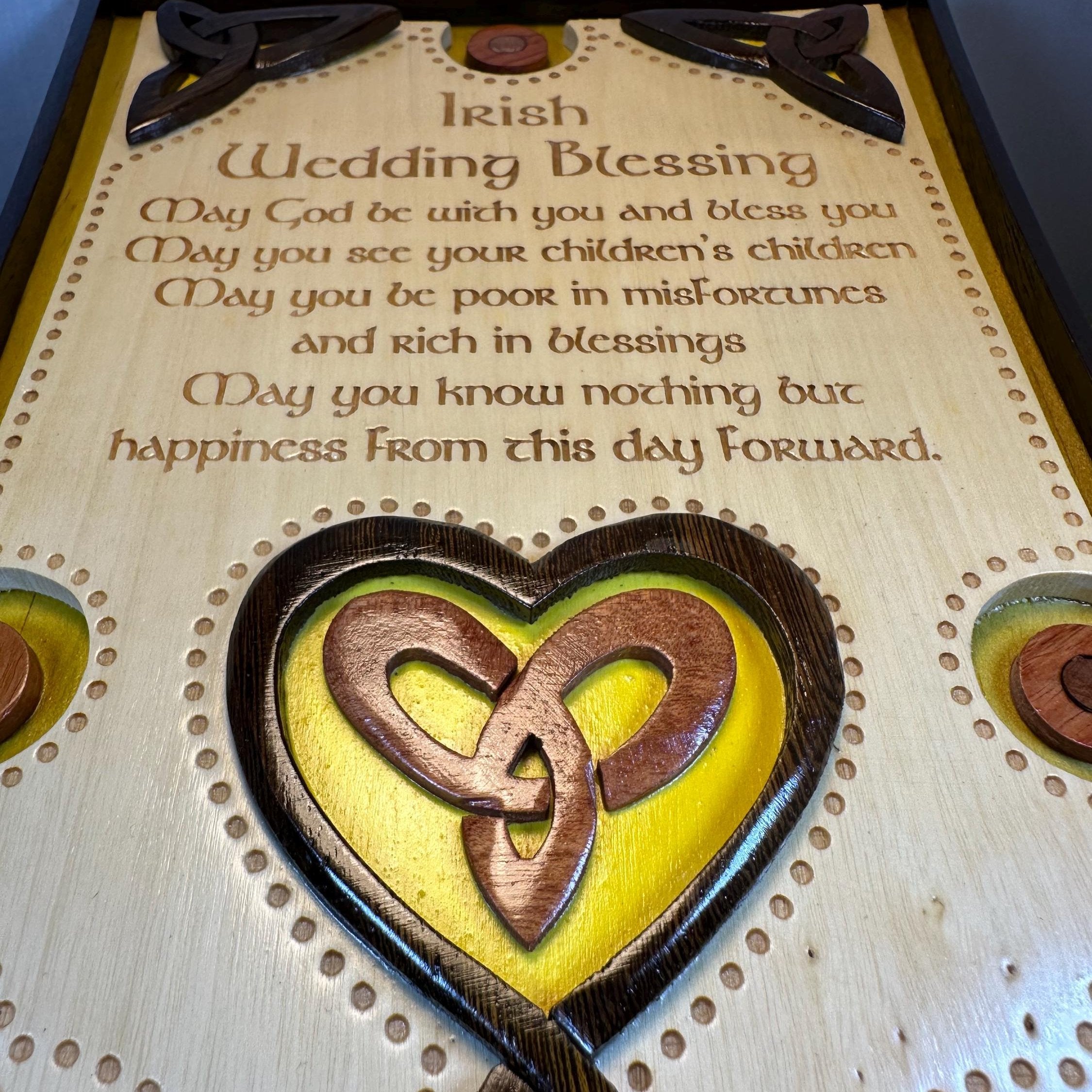 Wooden Irish Wedding Blessing wall plaque by Celtic Crystal Design Jewelry, featuring engraved Celtic symbols and heartfelt blessing.