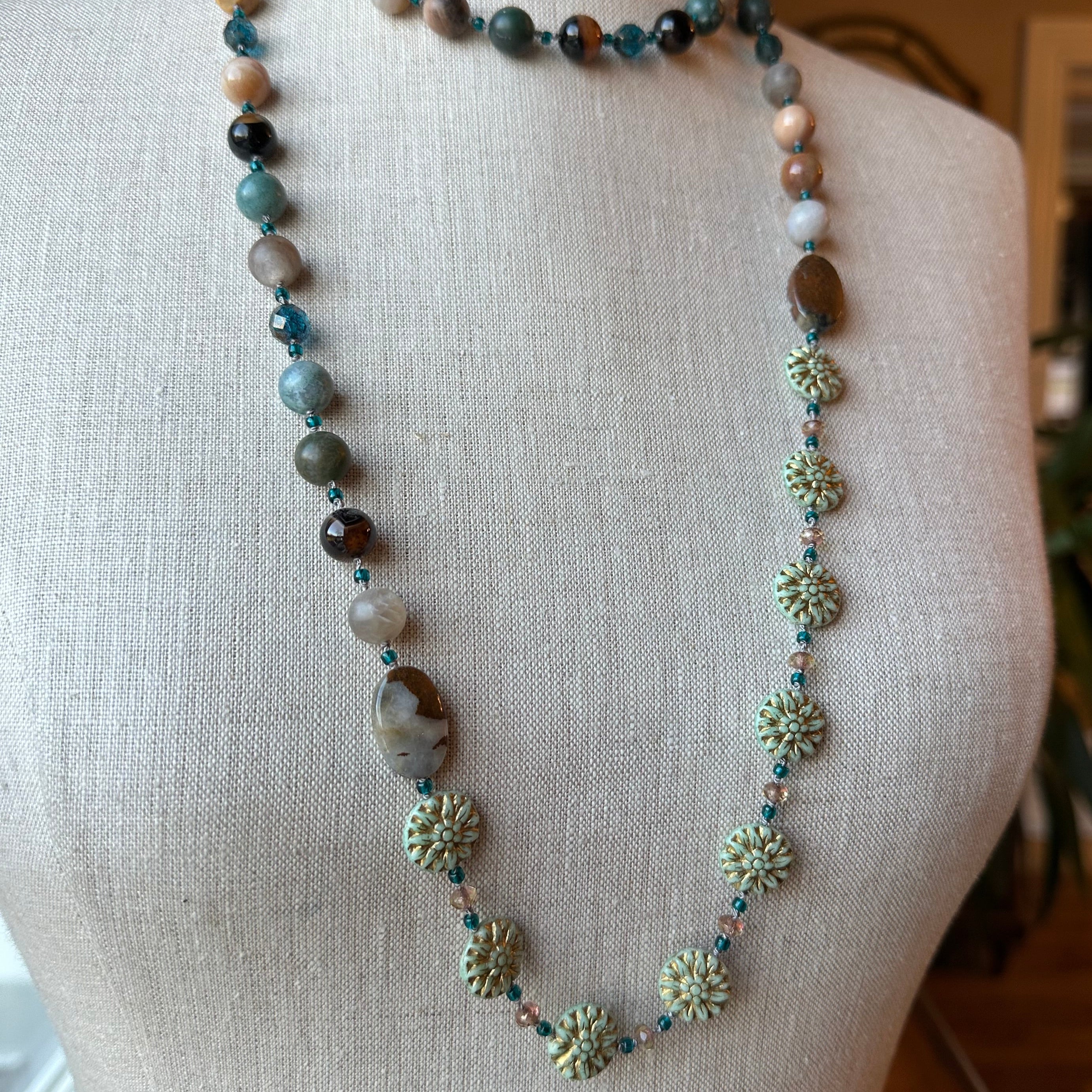 Autumn Morning long necklace by Celtic Crystal Design Jewelry, featuring intricate Celtic-inspired crystal details.
