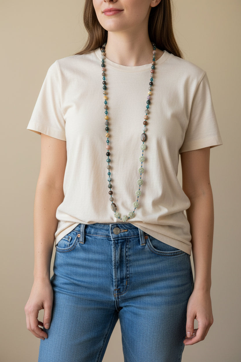 Celtic Crystal Design Jewelry Autumn Morning long necklace with intricate Celtic-inspired pendant and elegant chain.
