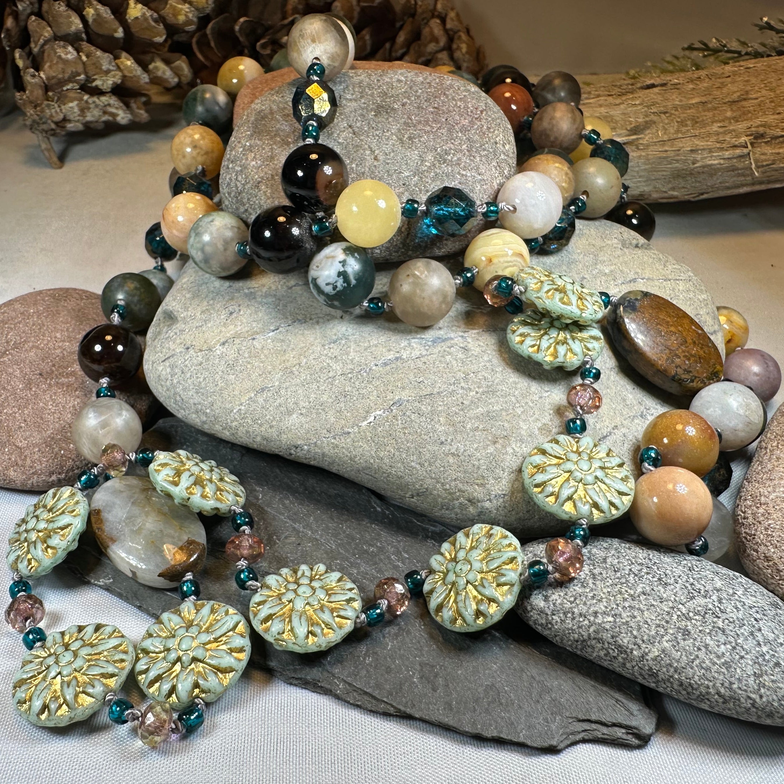 Celtic Crystal Design Jewelry Autumn Morning Long Necklace featuring intricate Celtic patterns and sparkling crystal accents.