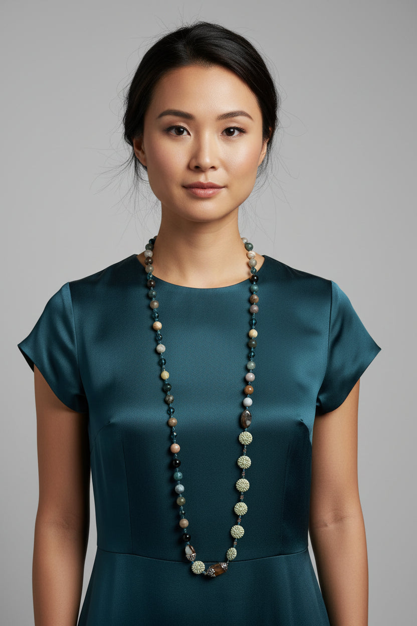 Celtic Crystal Design Jewelry Autumn Morning long necklace with intricate Celtic-inspired pendant and elegant chain.