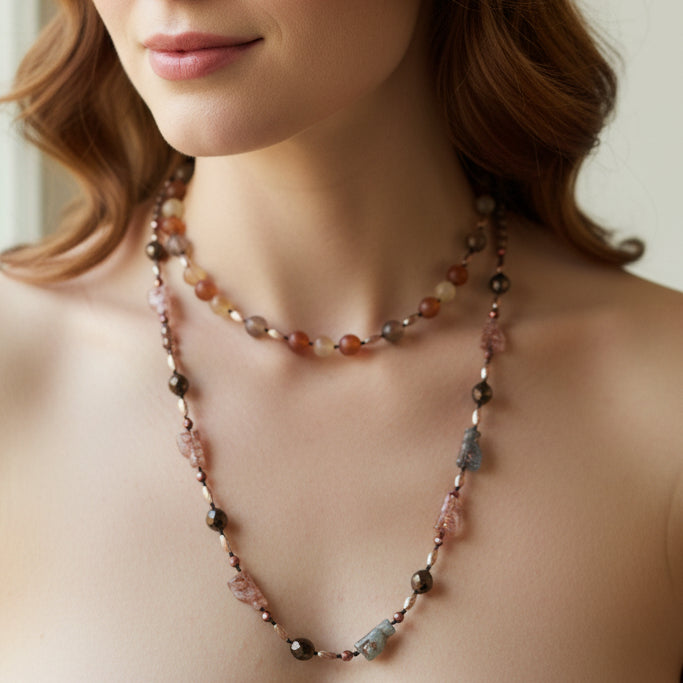 Copper Autumn Cat long necklet by Celtic Crystal Design Jewelry, featuring a detailed autumn-themed cat pendant.