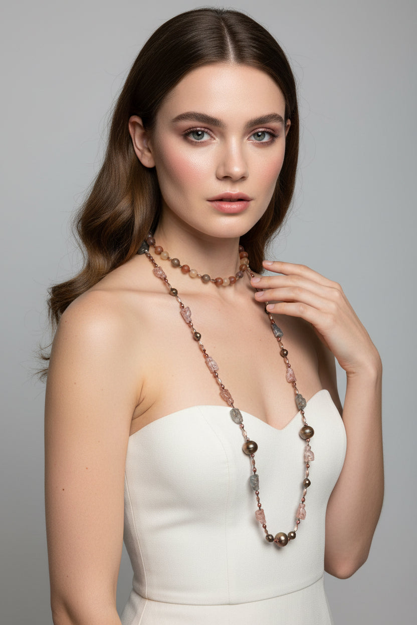 Copper Autumn Cat Long Necklace by Celtic Crystal Design Jewelry featuring a detailed cat pendant on a long chain.