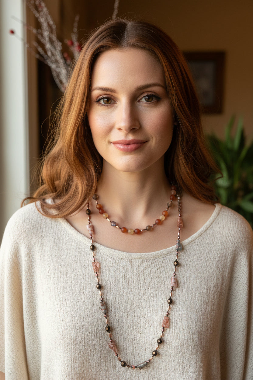 Copper Autumn Cat Long Necklace by Celtic Crystal Design Jewelry, featuring a detailed feline pendant on a long chain.