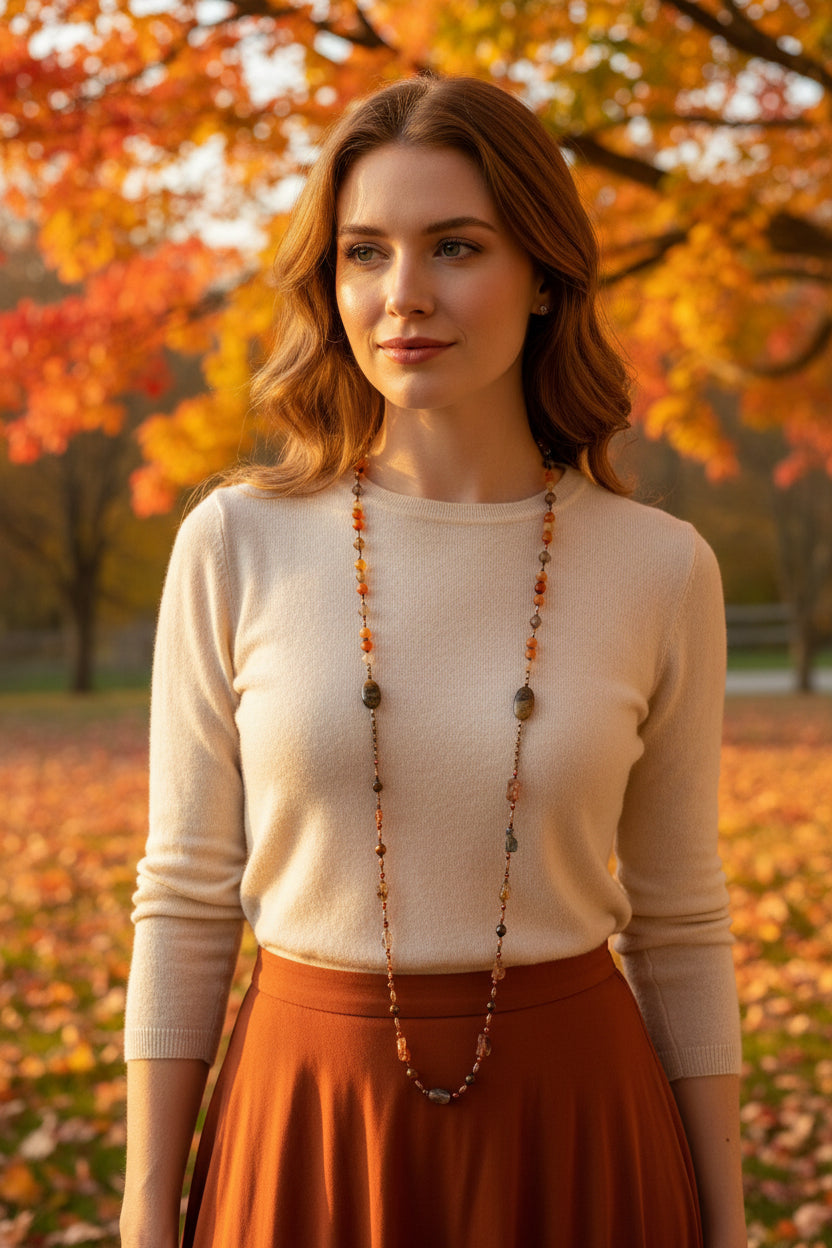 Copper Autumn Cat long necklace with Celtic-inspired design, featuring intricate details and a graceful cat pendant.