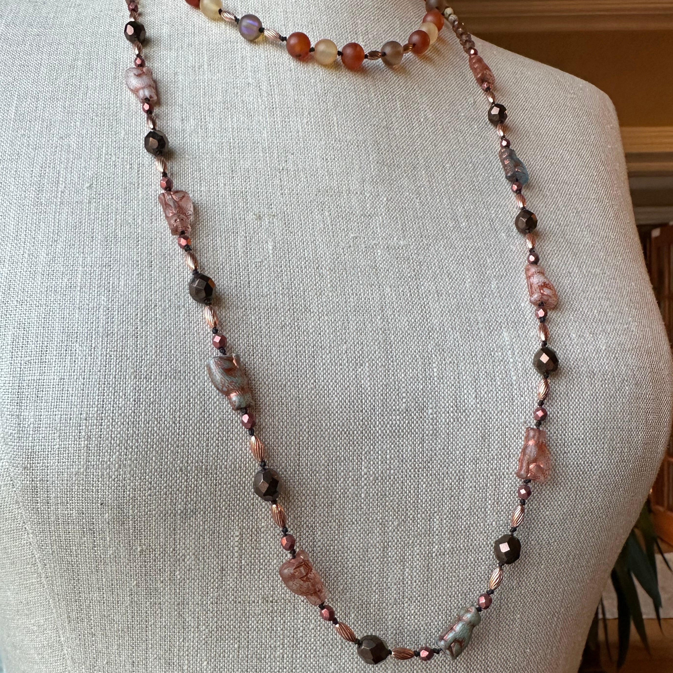 Copper Autumn Cat long necklet by Celtic Crystal Design Jewelry featuring a detailed autumn-themed cat pendant.
