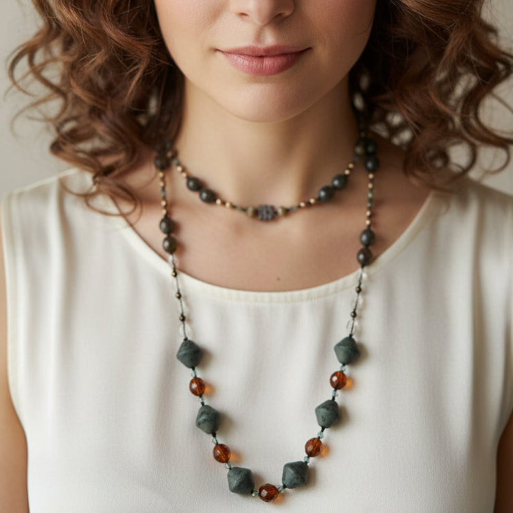 Duneflower Mist long necklace by Celtic Crystal Design Jewelry featuring a delicate, elegant necklet with crystal accents.