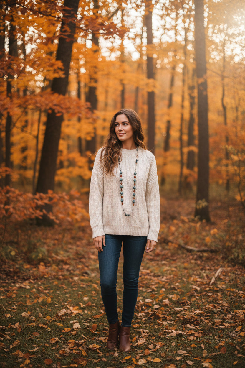 Duneflower Mist long necklace by Celtic Crystal Design Jewelry featuring a delicate Celtic-inspired pendant on a fine chain