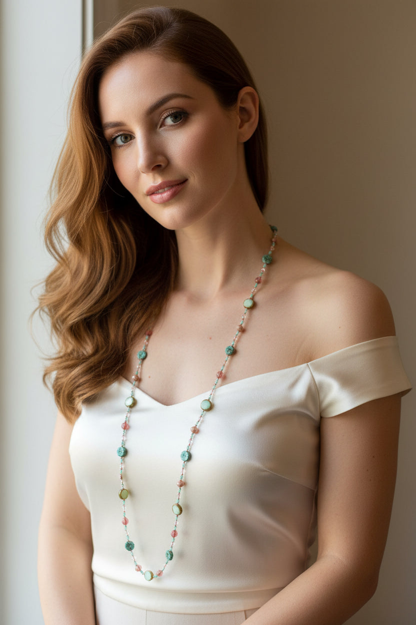 Pink Beach Blossom long necklace by Celtic Crystal Design Jewelry, featuring a delicate floral-inspired pendant on a fine chain.