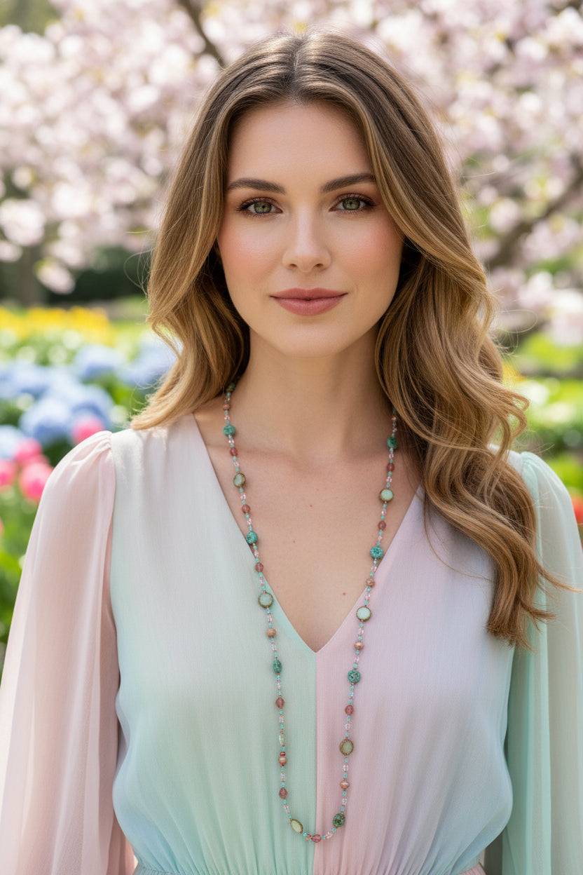 Pink Beach Blossom long necklace by Celtic Crystal Design Jewelry featuring a delicate, colorful beach-inspired pendant.