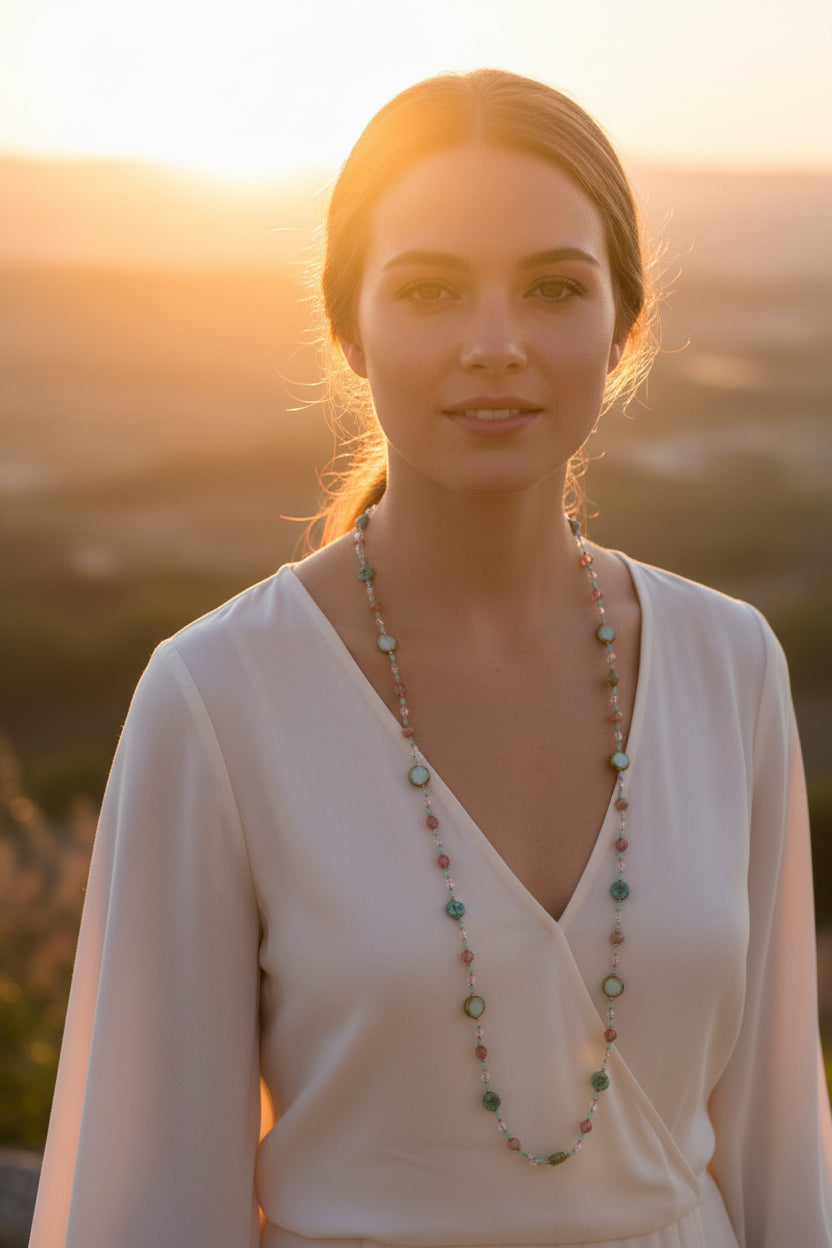 Pink Beach Blossom long necklace by Celtic Crystal Design Jewelry featuring a delicate beach-themed pendant on a long chain.