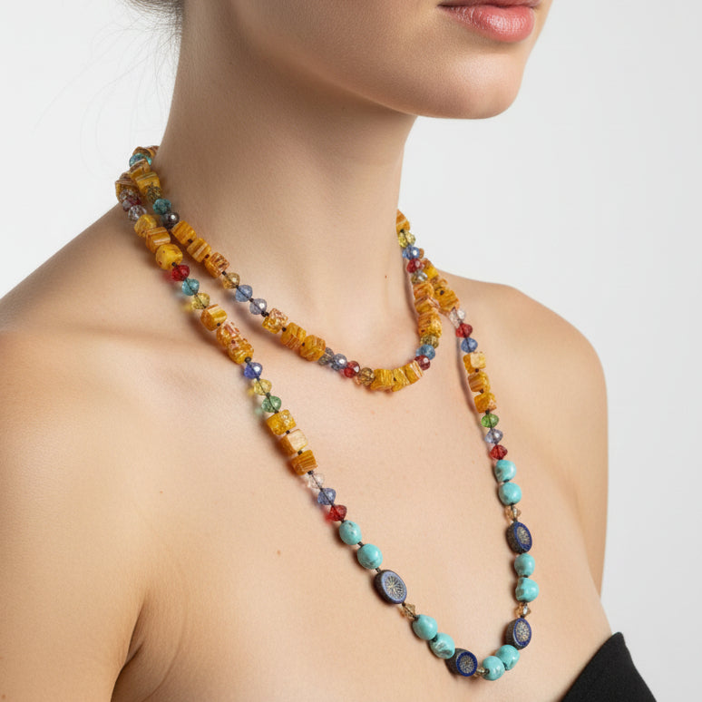 Celtic Crystal Design Jewelry tropical carnival long necklace with vibrant beads and intricate Celtic-inspired details.
