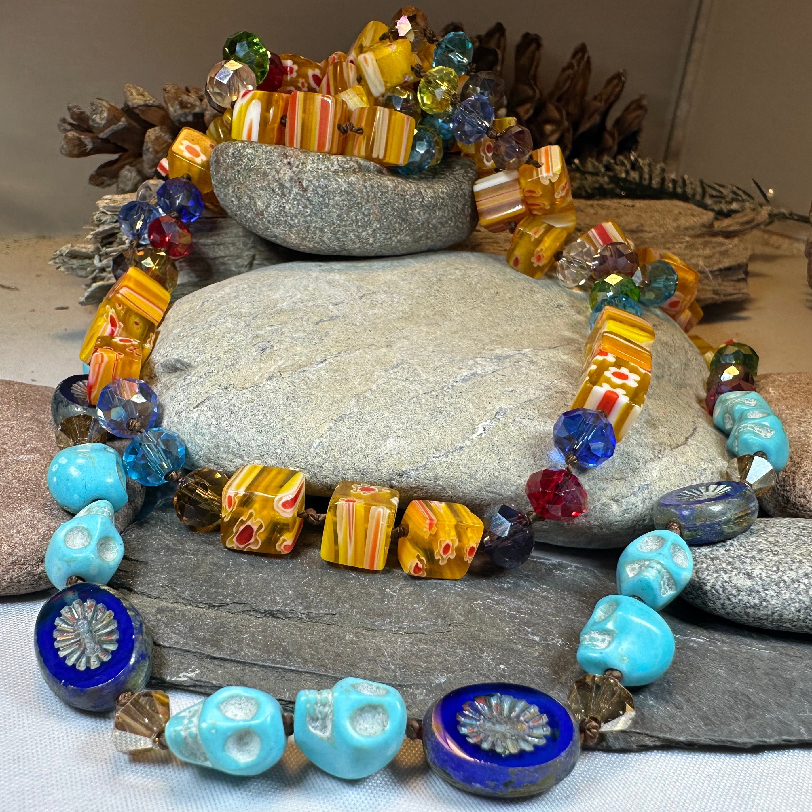 Celtic Crystal Design Jewelry tropical carnival long necklace with colorful beads and intricate pendant, showcasing vibrant tropical style.