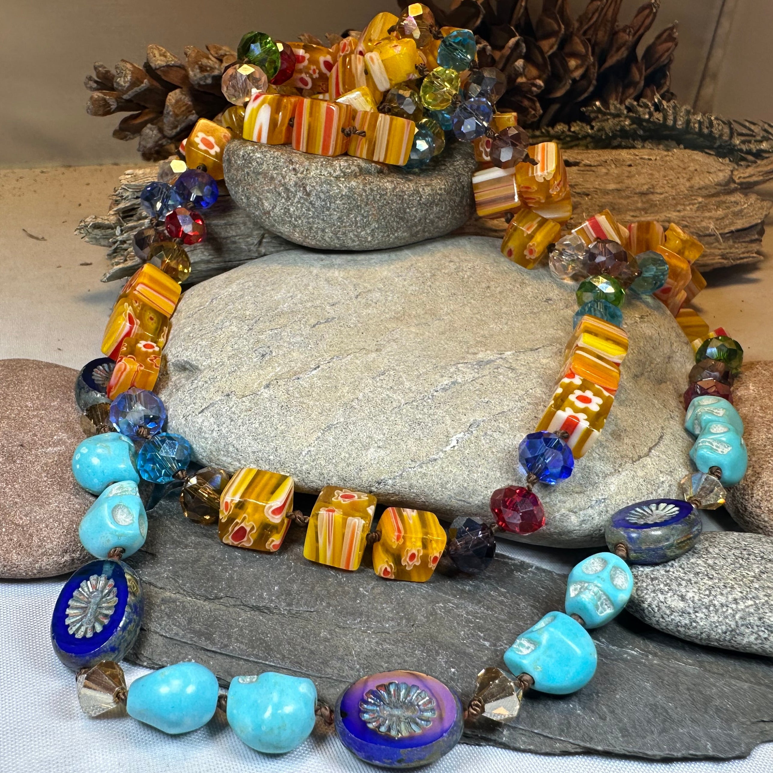 Celtic Crystal Design Jewelry tropical carnival long necklace with vibrant beads and intricate Celtic-inspired details.