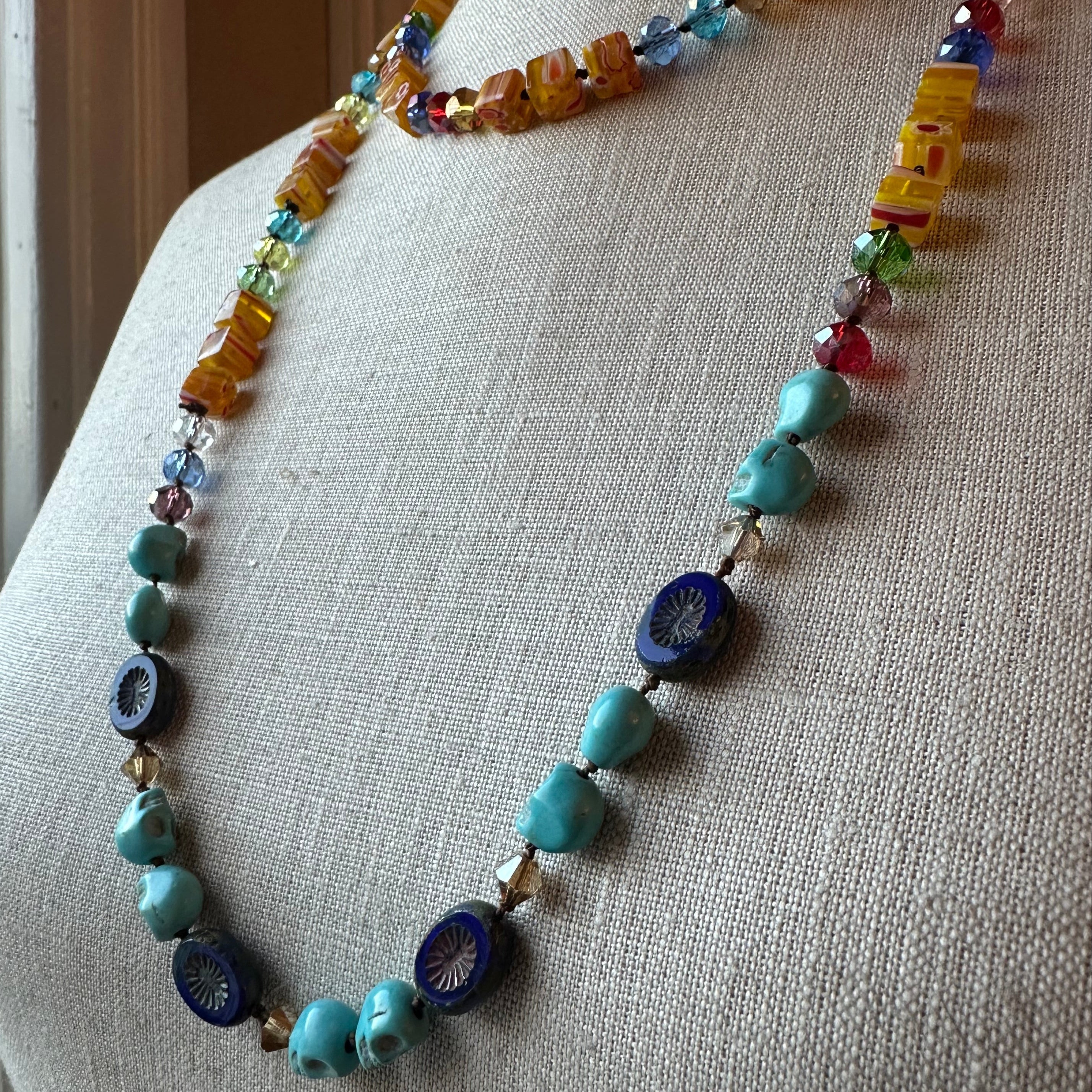 Celtic Crystal Design Jewelry Tropical Carnival long necklace featuring vibrant beads and intricate Celtic-inspired pendant.