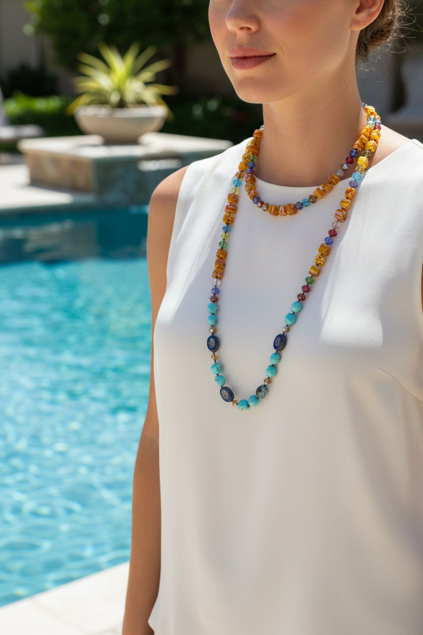 Celtic Crystal Design Jewelry tropical carnival long necklace, elegant necklet with colorful bead accents and intricate design.