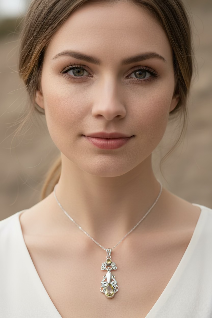 Celtic Crystal Design Jewelry Rising Goddess pendant necklace with oval citrine gemstone and intricate Celtic detailing.
